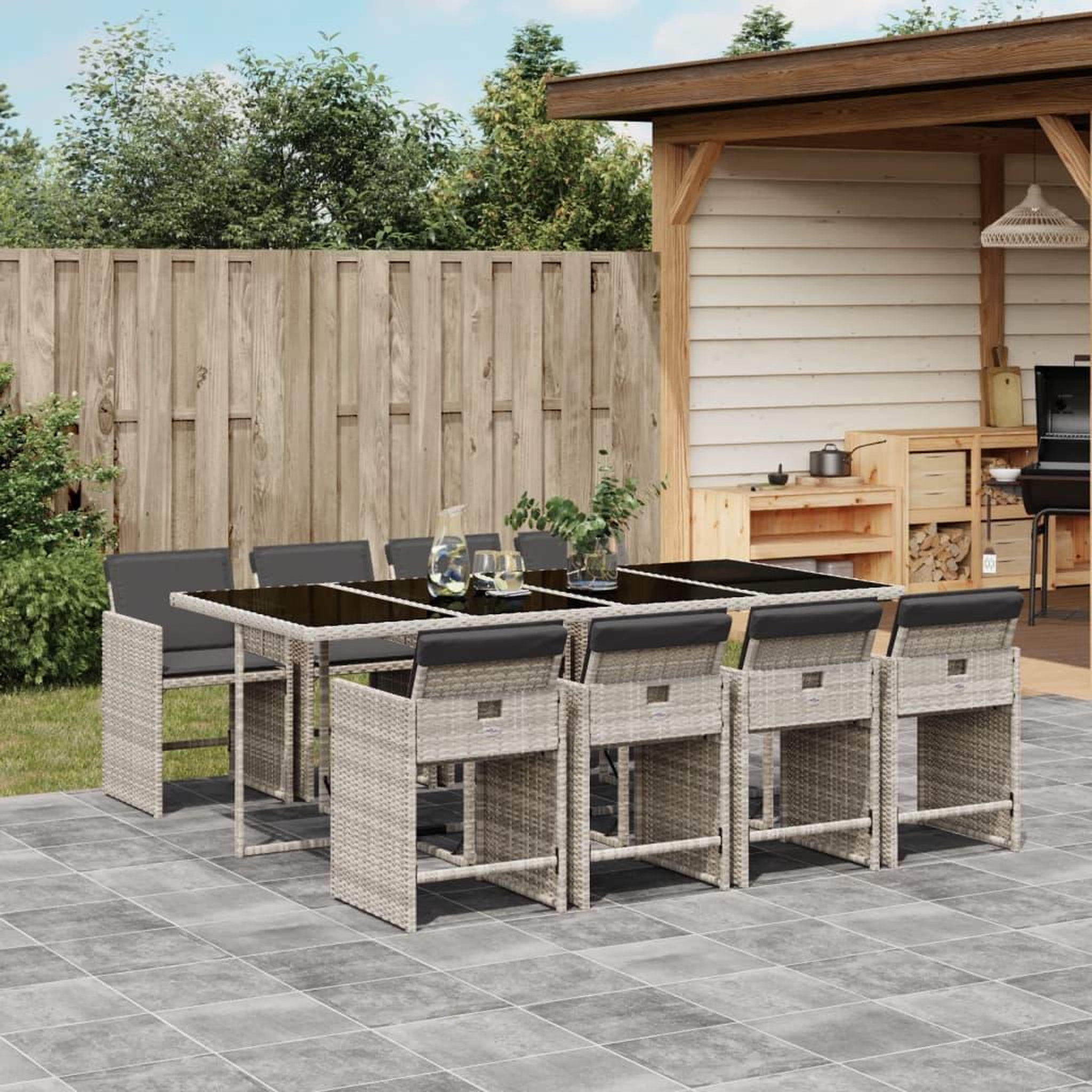 VIDAXL Ensemble a manger de jardin et coussins 9 pcs gris clair rotin