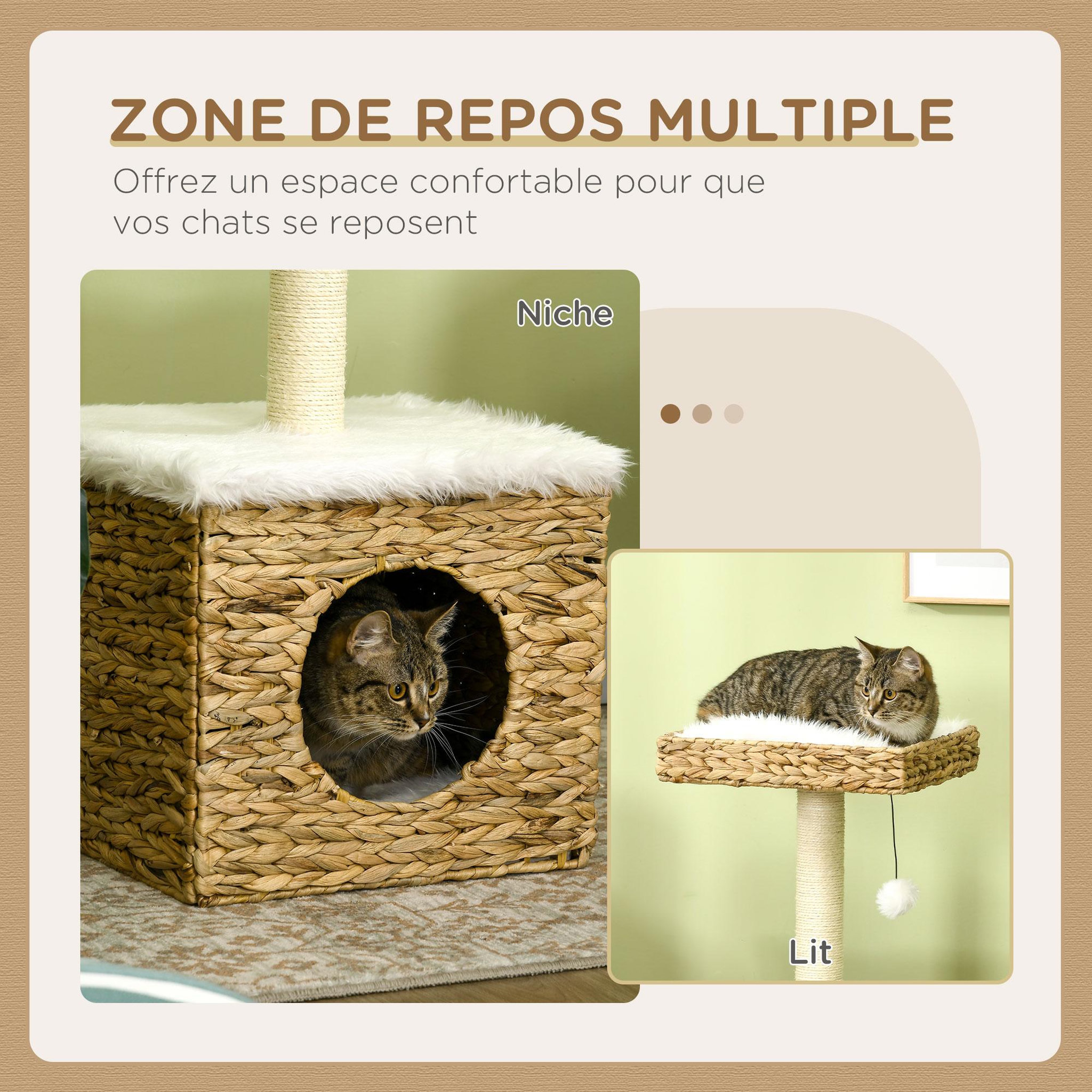 Voir la diapositive 5 : PAWHUT Arbre à chat style cosy chic griffoir sisal niche plateforme d'observation boule jacinthe d'eau peluche aspect fourrure