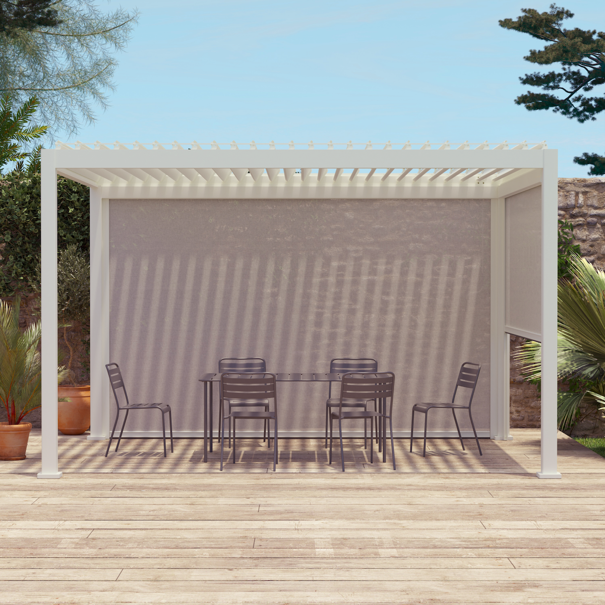 SWEEEK Pergola Bioclimatique gris anthracite 4x3m, aluminium à lames orientables + store 3m + store 4m
