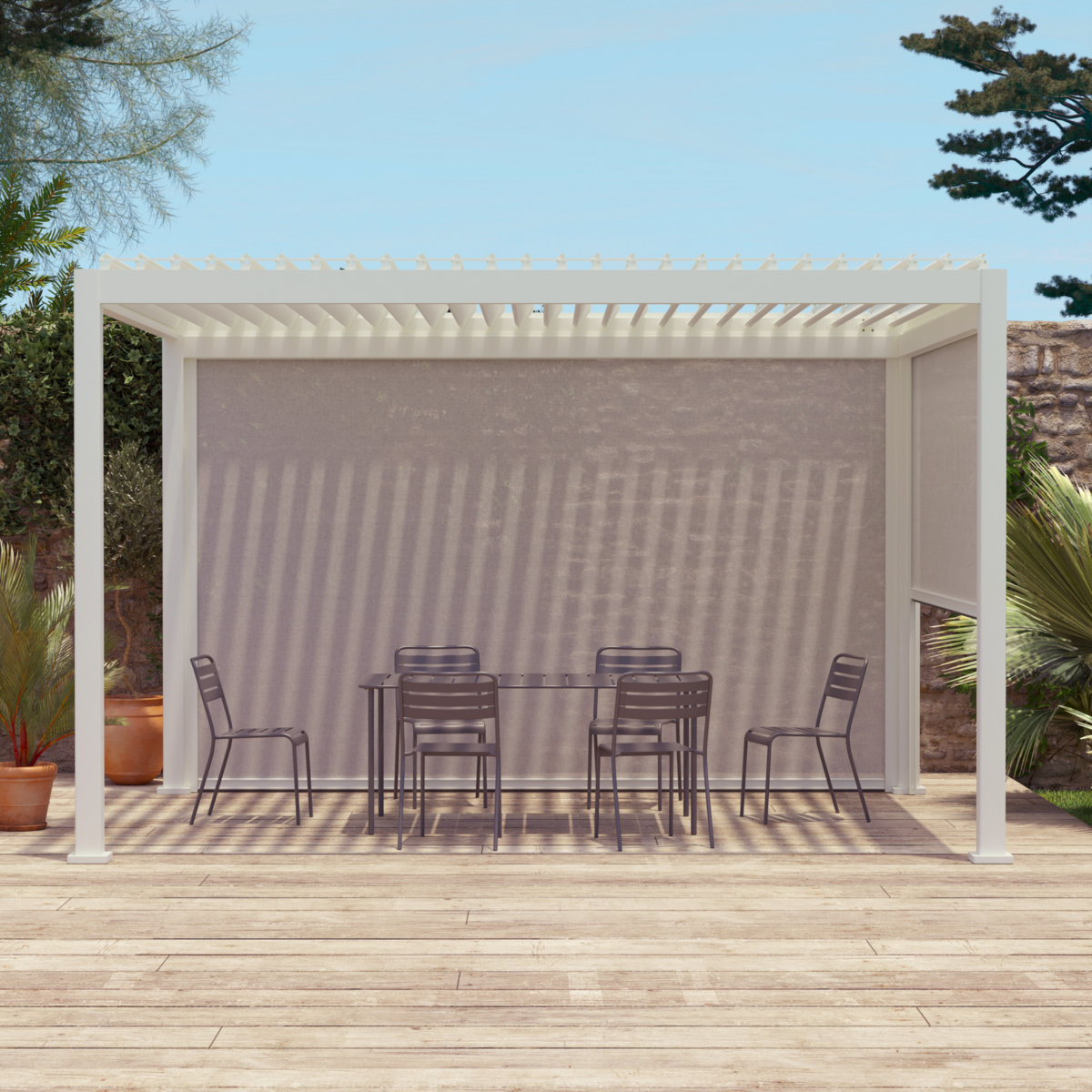 SWEEEK Pergola Bioclimatique gris anthracite 4x3m, aluminium à lames orientables + store 3m + store 4m