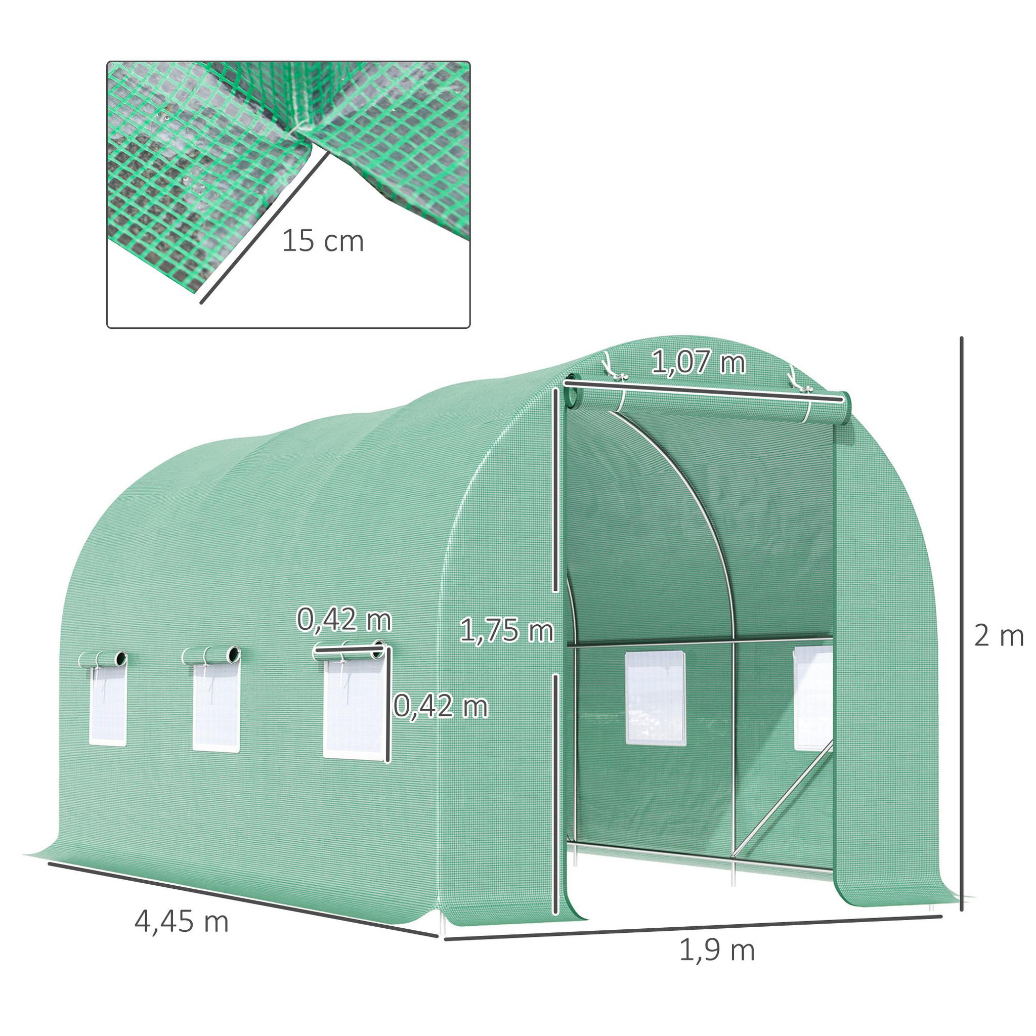 Voir la diapositive 3 : OUTSUNNY Serre de jardin tunnel 4,5l x 2l x 2h m châssis tubulaire acier galvanisé renforcé 1,8 cm 6 fenêtres 1 porte vert