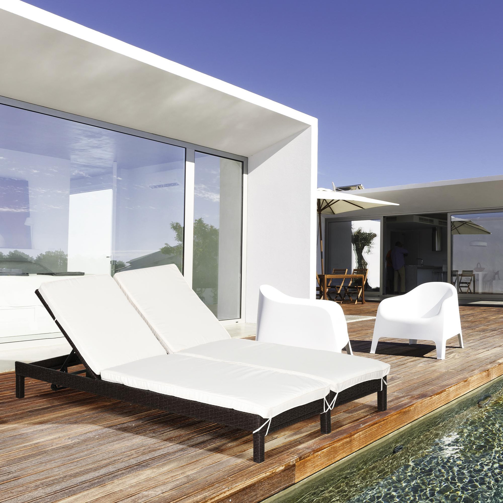 Voir la diapositive 2 : OUTSUNNY Bain de soleil transat 2 places - grand confort - dossier inclinable multi-positions - matelas fournis - résine tressée chocolat
