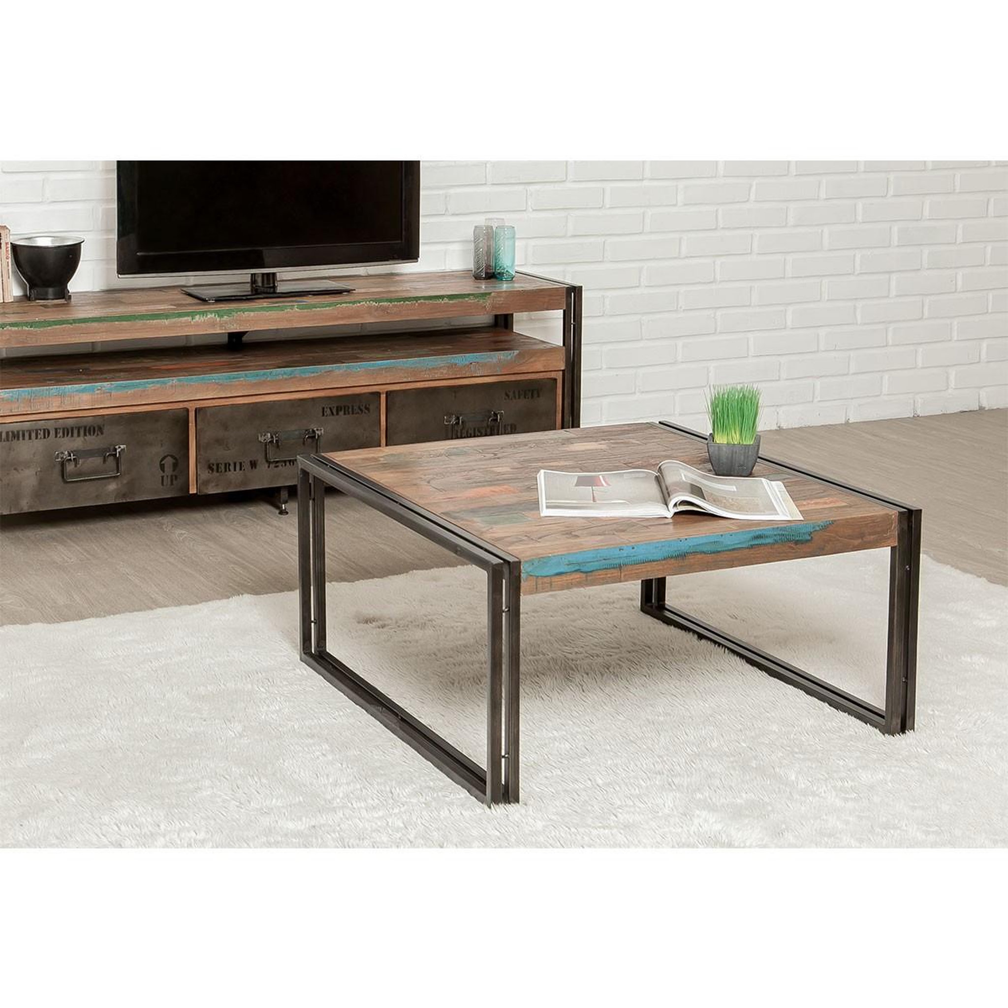 Voir la diapositive 5 : Paris Prix Table Basse Carré en Teck Industriel  Loft  80cm Naturel