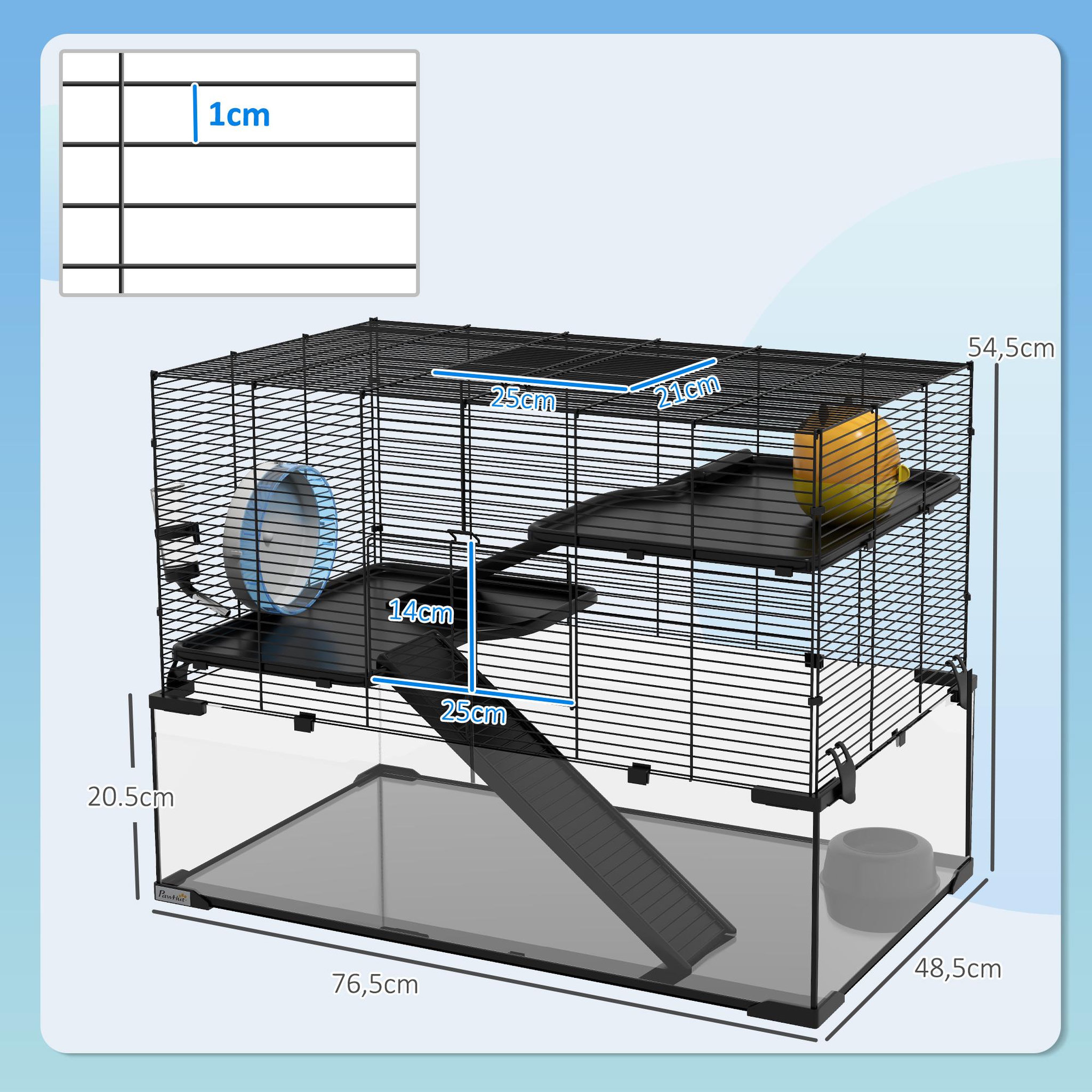 Voir la diapositive 3 : PAWHUT Cage hamster rongeur 3 niveaux 76 x 48 x 54 cm - roue, rampes, maisonnette, abreuvoir, mangeoire - noir