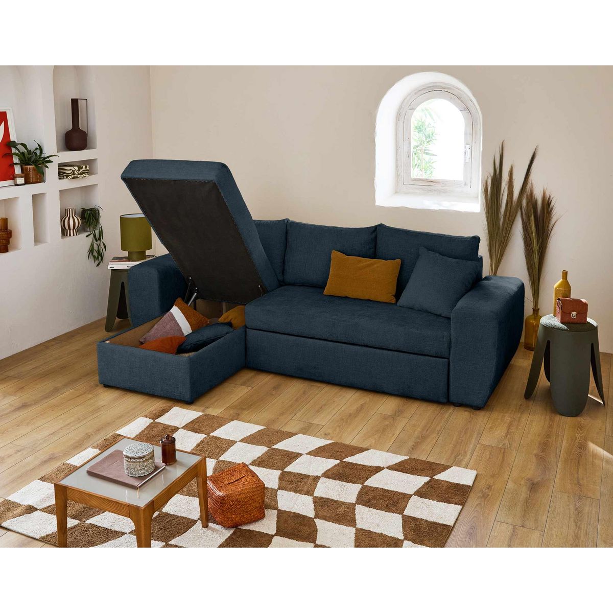 BEST MOBILIER Milan - canapé d'angle réversible 4 places - convertible avec coffre - en velours texturé