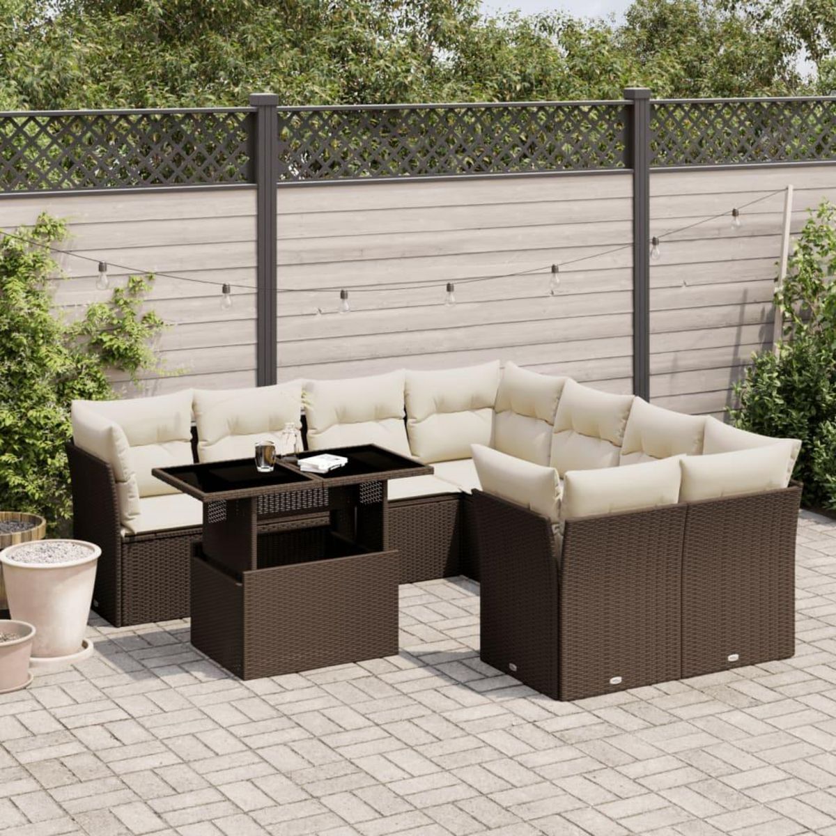 VIDAXL Salon de jardin avec coussins 9 pcs marron resine tressee