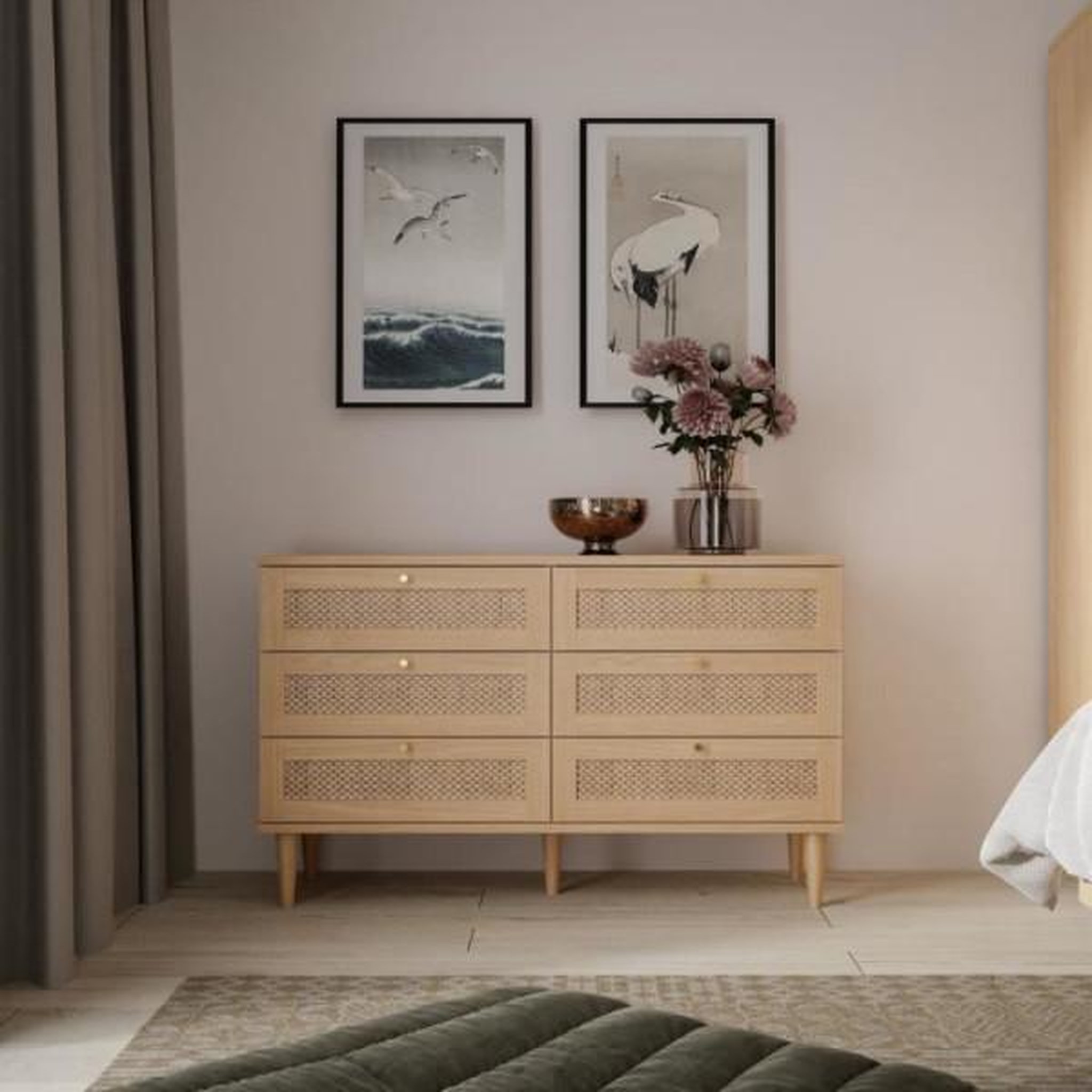 Voir la diapositive 2 : MARKET24 Commode - 6 tiroirs - Décor Chene - Cannage - L120 x P41,4 x H80 cm - CALASETTA