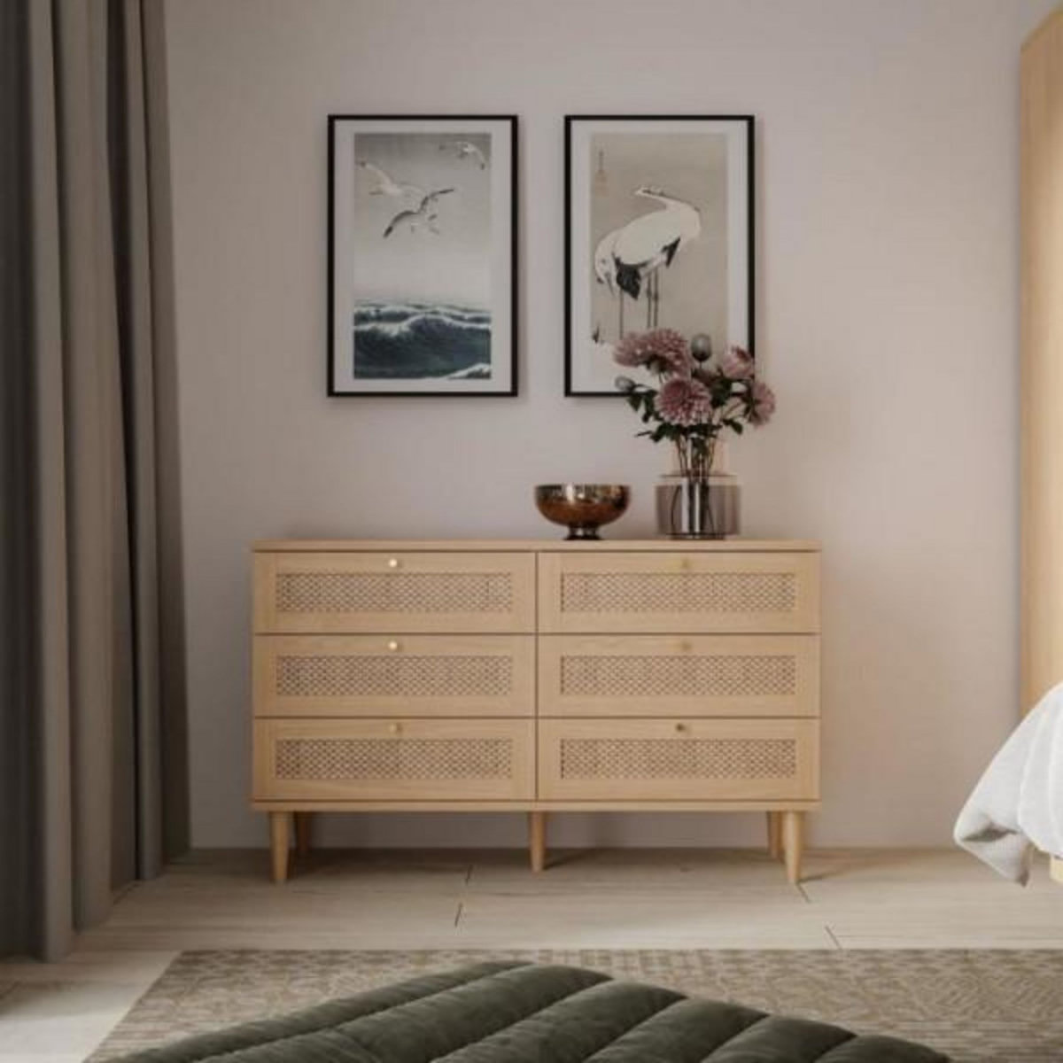 MARKET24 Commode - 6 tiroirs - Décor Chene - Cannage - L120 x P41,4 x H80 cm - CALASETTA