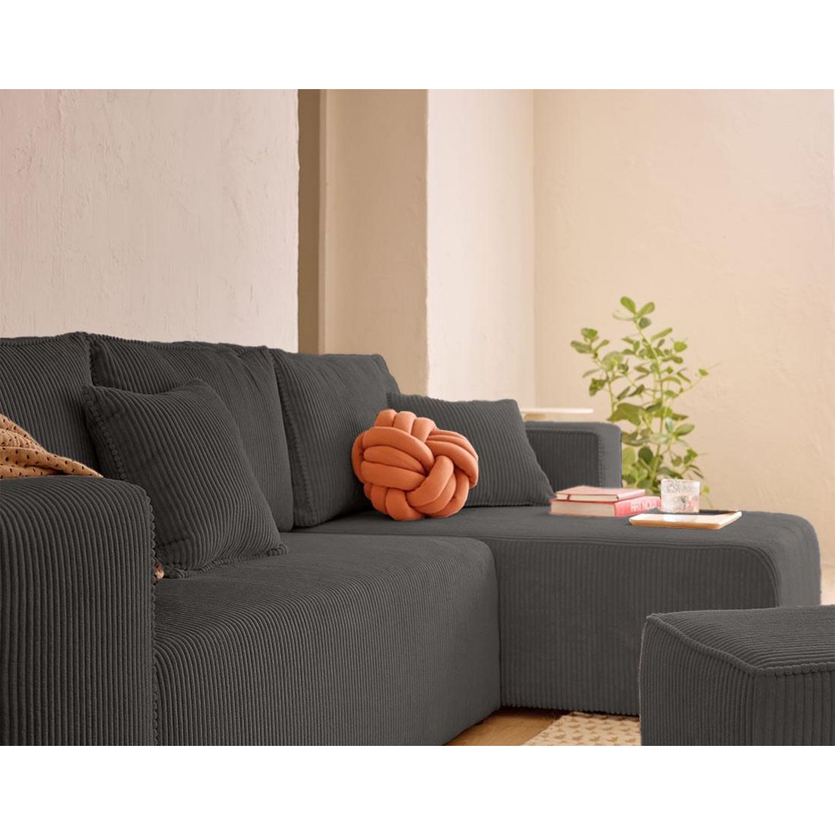 BEST MOBILIER Topaze - canapé d'angle réversible 4 places - convertible avec coffre, tablette et poufs - en velours côtelé