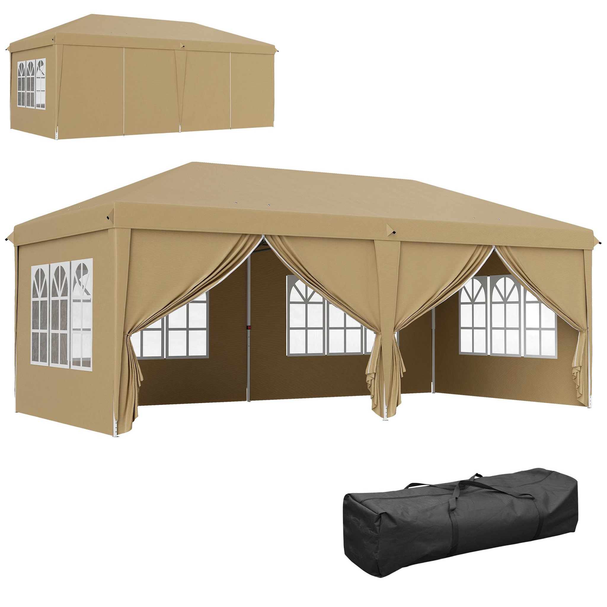 OUTSUNNY Tonnelle barnum pliant pop-up imperméabilisé 5,85L x 2,95l x 2,7H m 6 parois latérales amovibles 4 fenêtres + sac de transport kaki