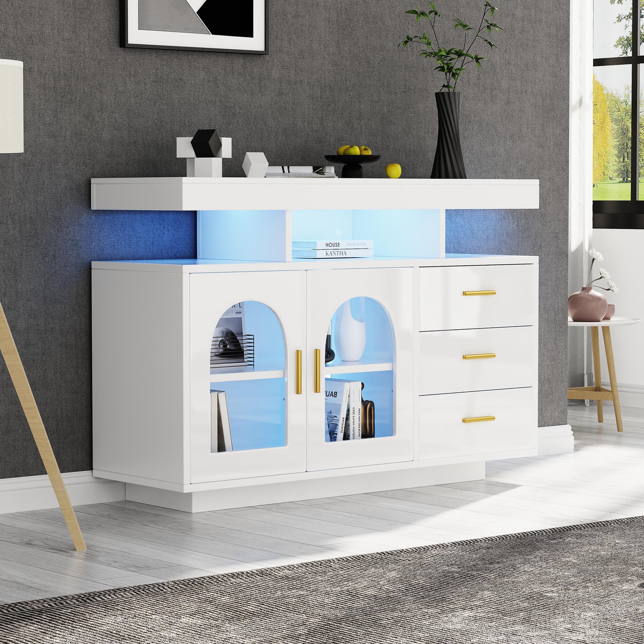 Voir la diapositive 5 : MERAX Buffet 2 porte(s) 3 tiroir(s) - 120 cm blanc led panneau de particules