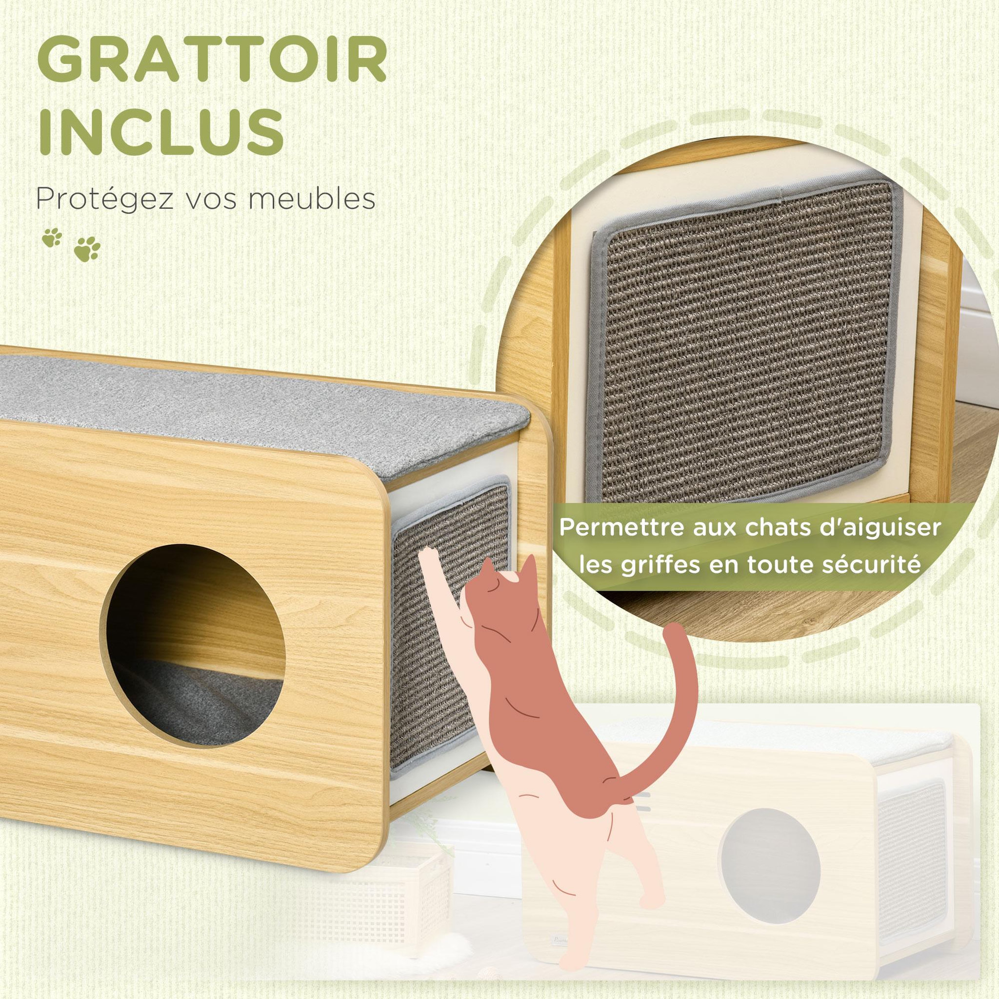 Voir la diapositive 4 : PAWHUT Maison pour chat design poste de radio - niche chat panier chat - 2 coussins + grattoir sisal amovibles - MDF panneaux aspect bois clair