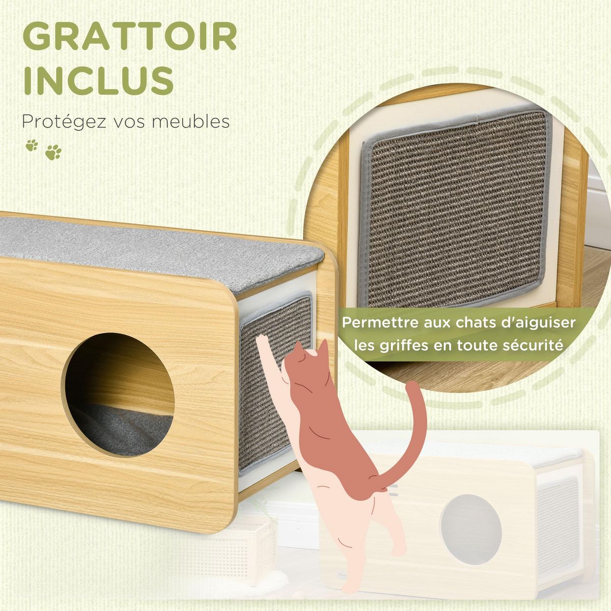 PAWHUT Maison pour chat design poste de radio - niche chat panier chat - 2 coussins + grattoir sisal amovibles - MDF panneaux aspect bois clair