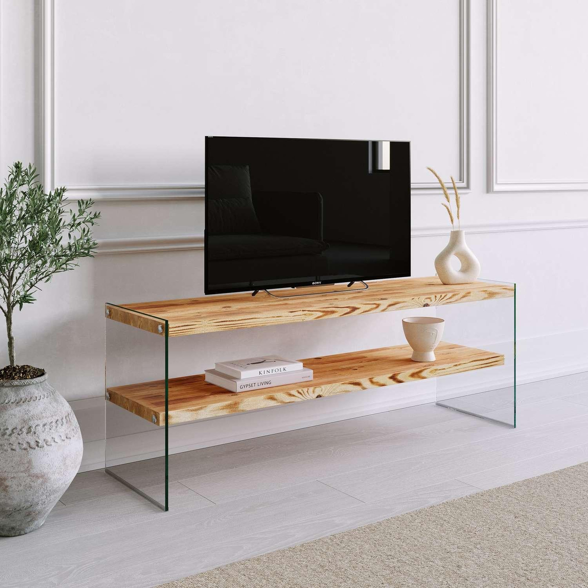 Voir la diapositive 6 : TOILINUX Meuble tv 1 étagère crustallia en verre et bois - transparent et beige