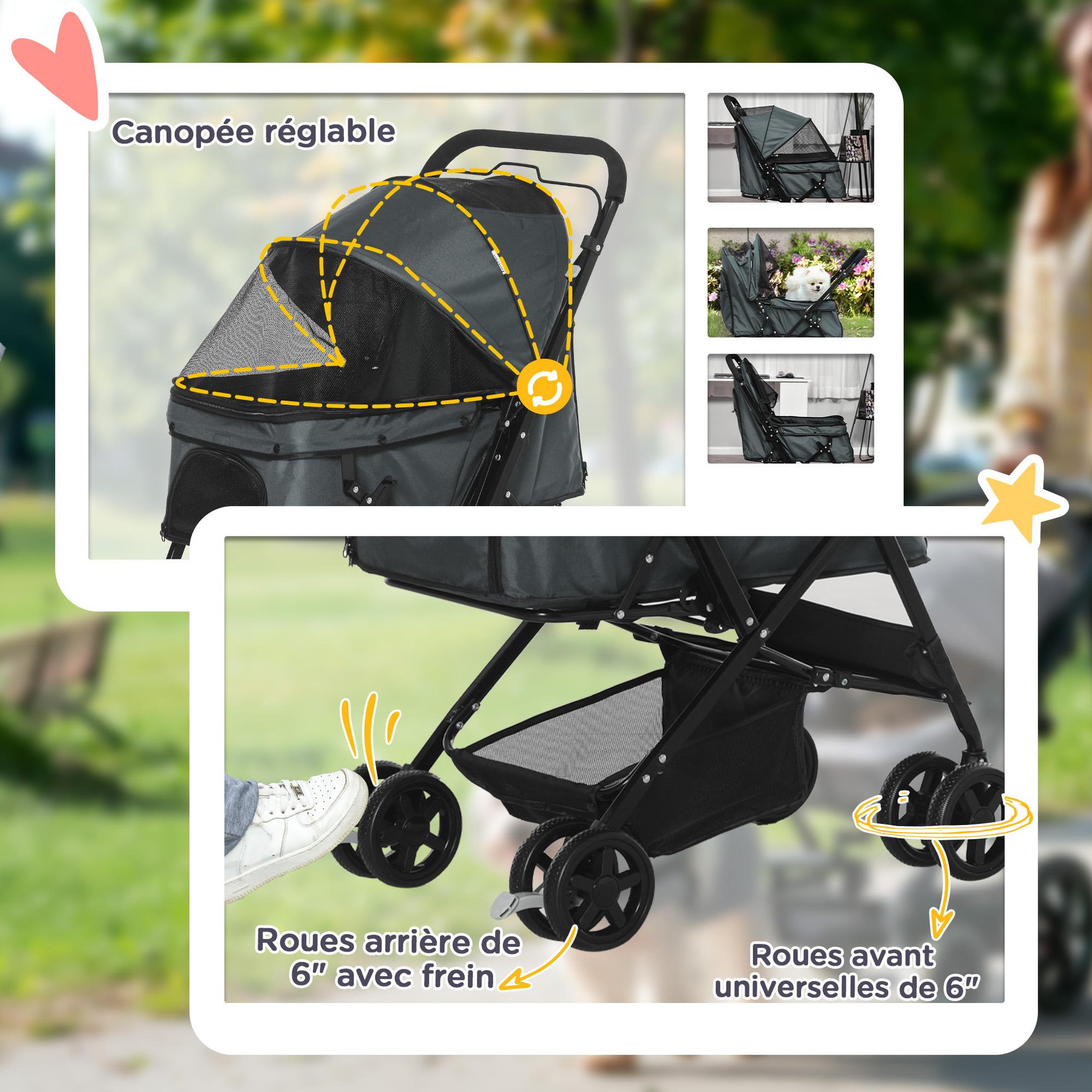 Voir la diapositive 6 : PAWHUT Poussette buggy pliable chien chat panier et sac de rangement attaches sécurité housse réglable poignée réglable acier oxford gris