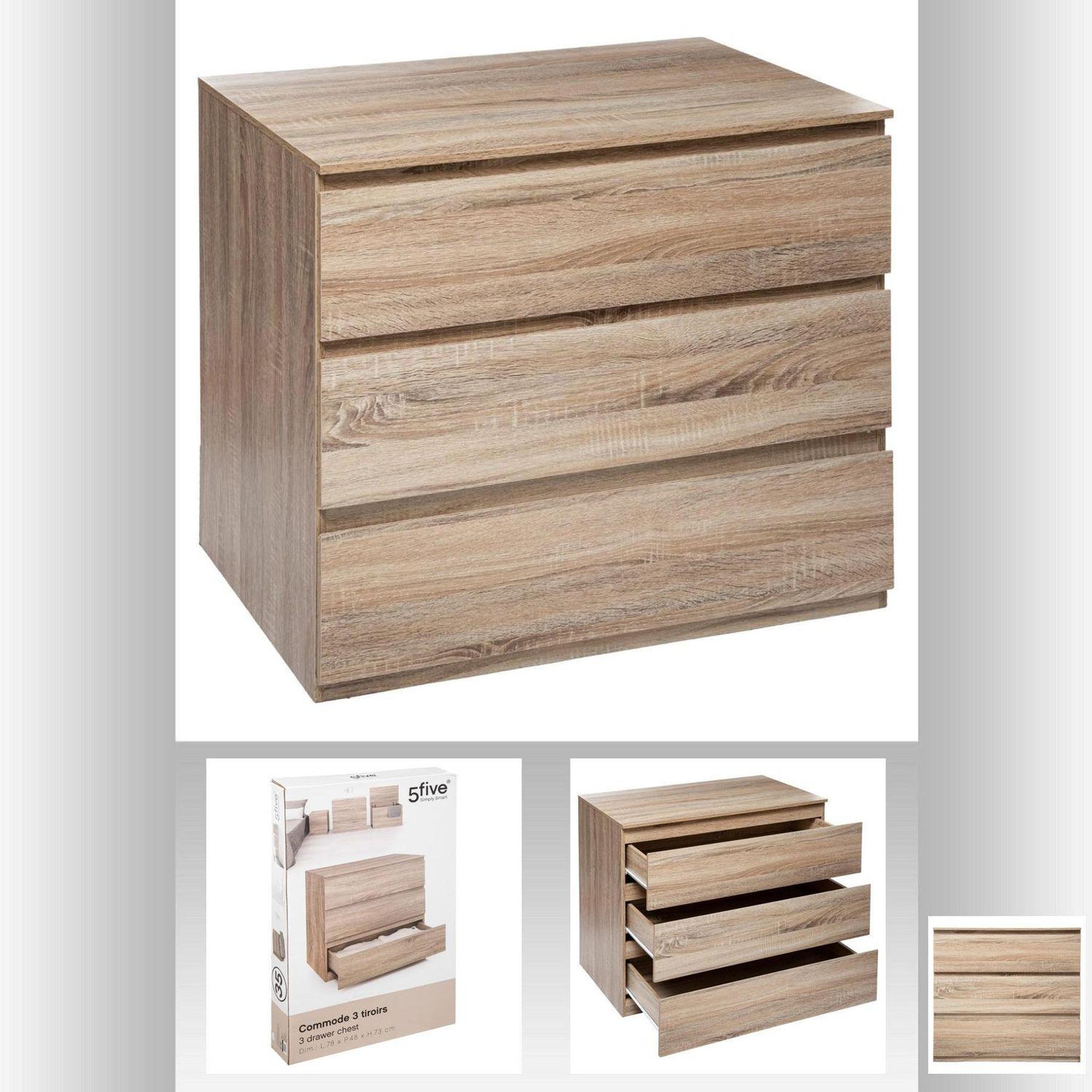 Voir la diapositive 4 : FIVE Commode de chambre 3 tiroirs - bois