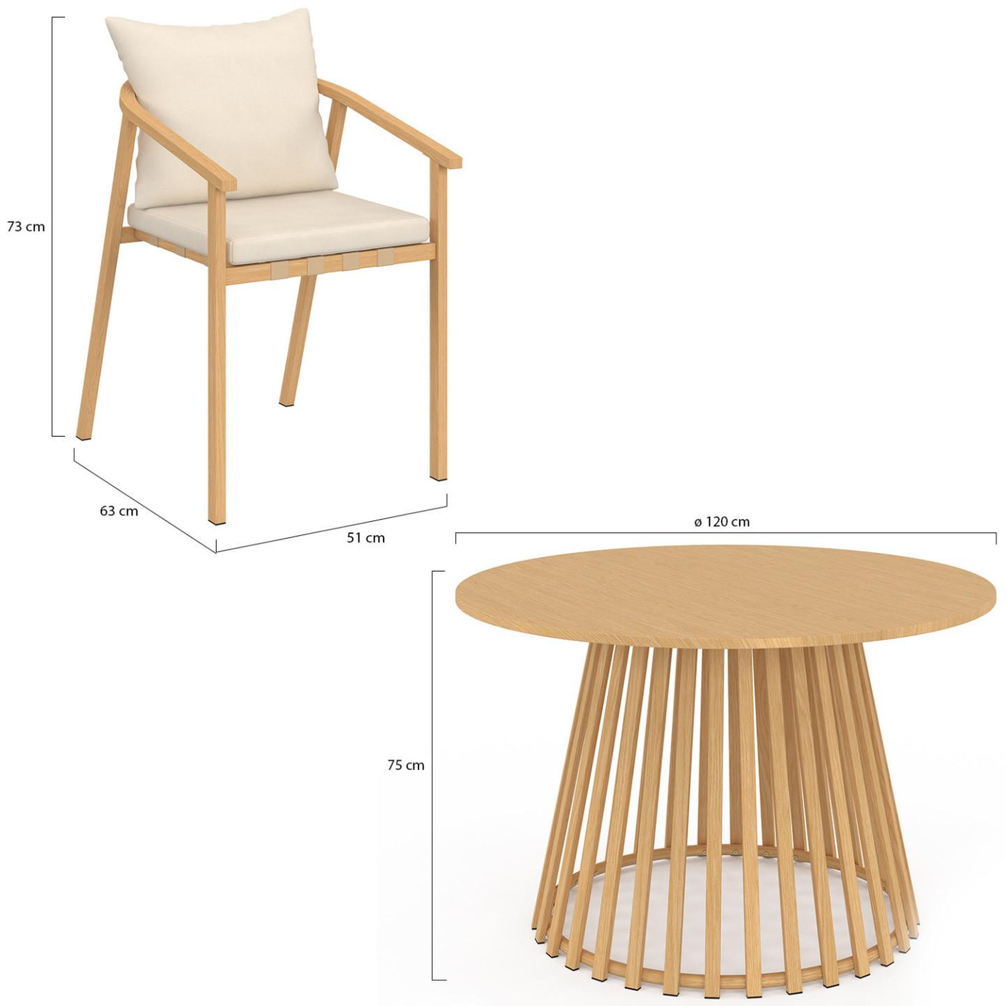 Voir la diapositive 5 : ID MARKET Salon de jardin solal table ronde 120 cm avec pied lattes en métal et 6 chaises de jardin avec lanières et coussins beiges