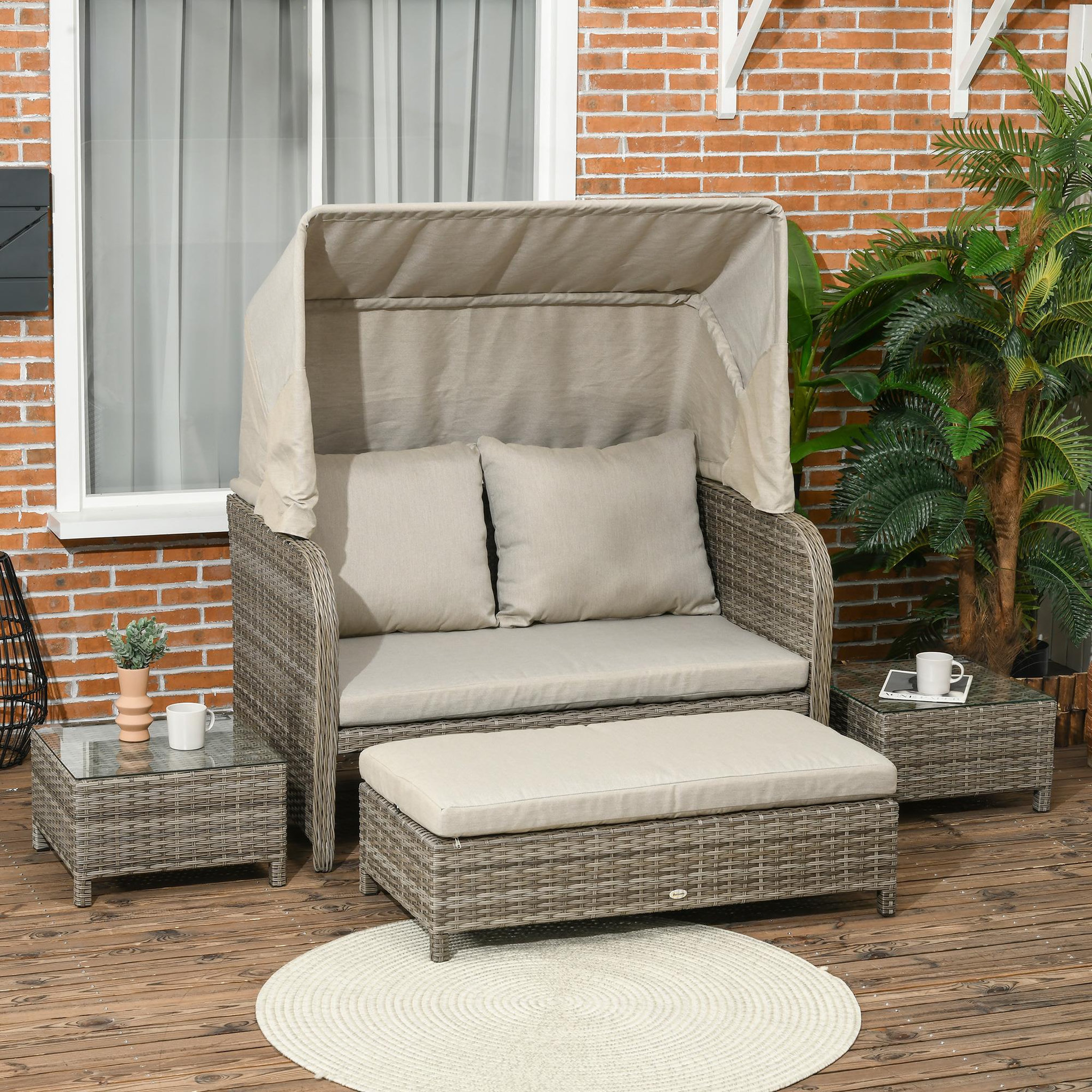 Voir la diapositive 2 : OUTSUNNY Ensemble salon de jardin 2 places 4 pcs - canapé, repose-pieds, 2 tables basses - coussins inclus - résine grise polyester kaki