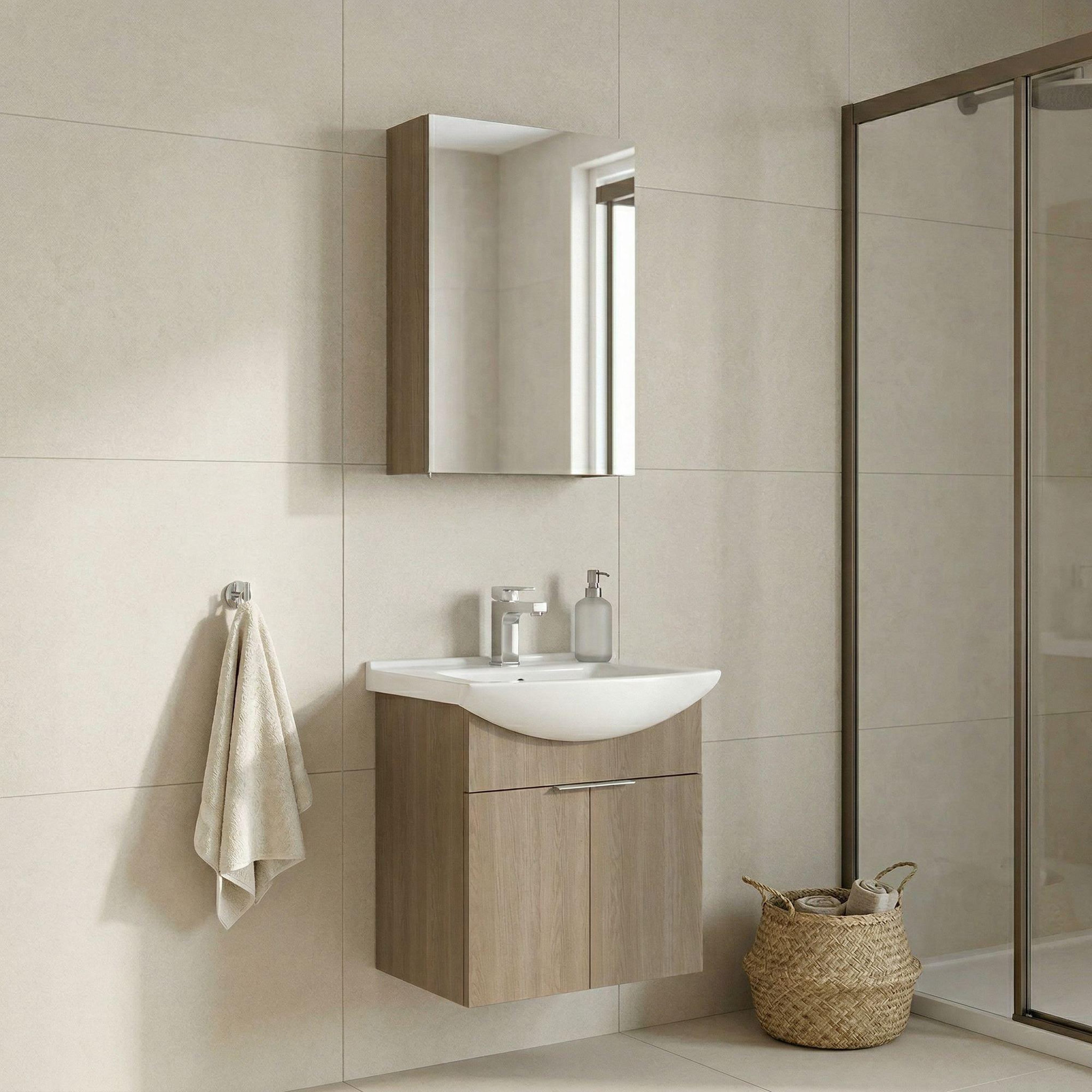 Voir la diapositive 2 : Habitat et Jardin Meuble avec simple vasque et miroir  Purus 55  - 55 x 50 x 58 cm - Oak