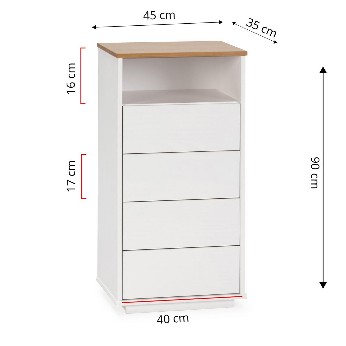 VS VENTA-STOCK Chiffonnier Bob 4 tiroirs 1 niche blanc/chêne, bois massif