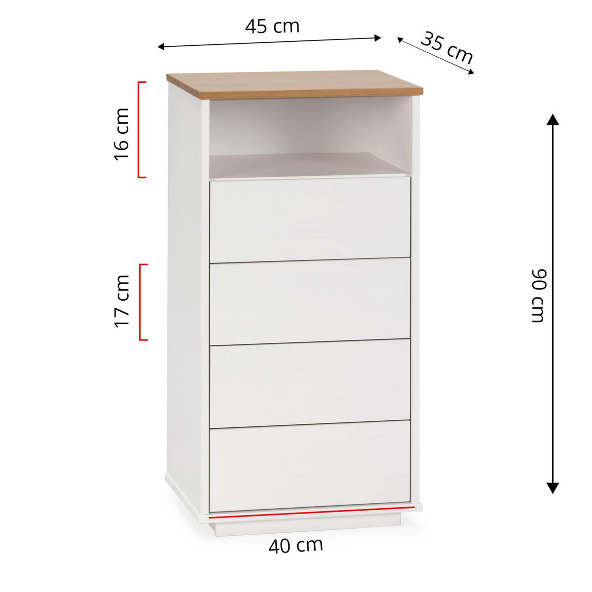 VS VENTA-STOCK Chiffonnier Bob 4 tiroirs 1 niche blanc/chêne, bois massif