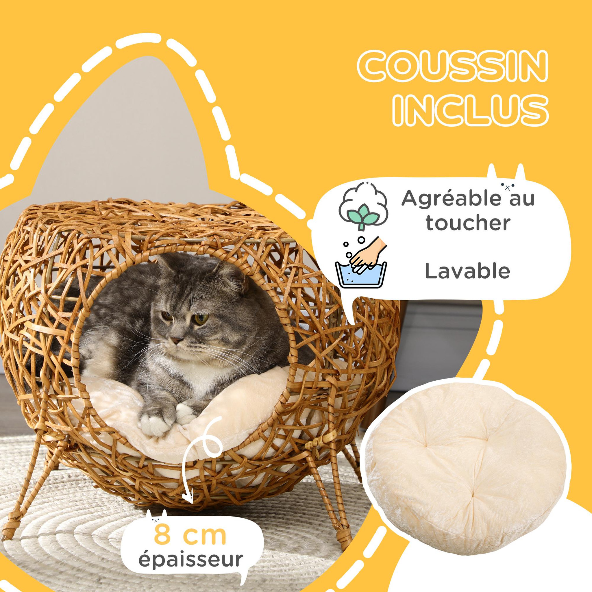 Voir la diapositive 5 : PAWHUT Panier chat lit chat cosy grand confort dim. Ø 40 x 32h cm coussin moelleux inclus polyester beige rotin