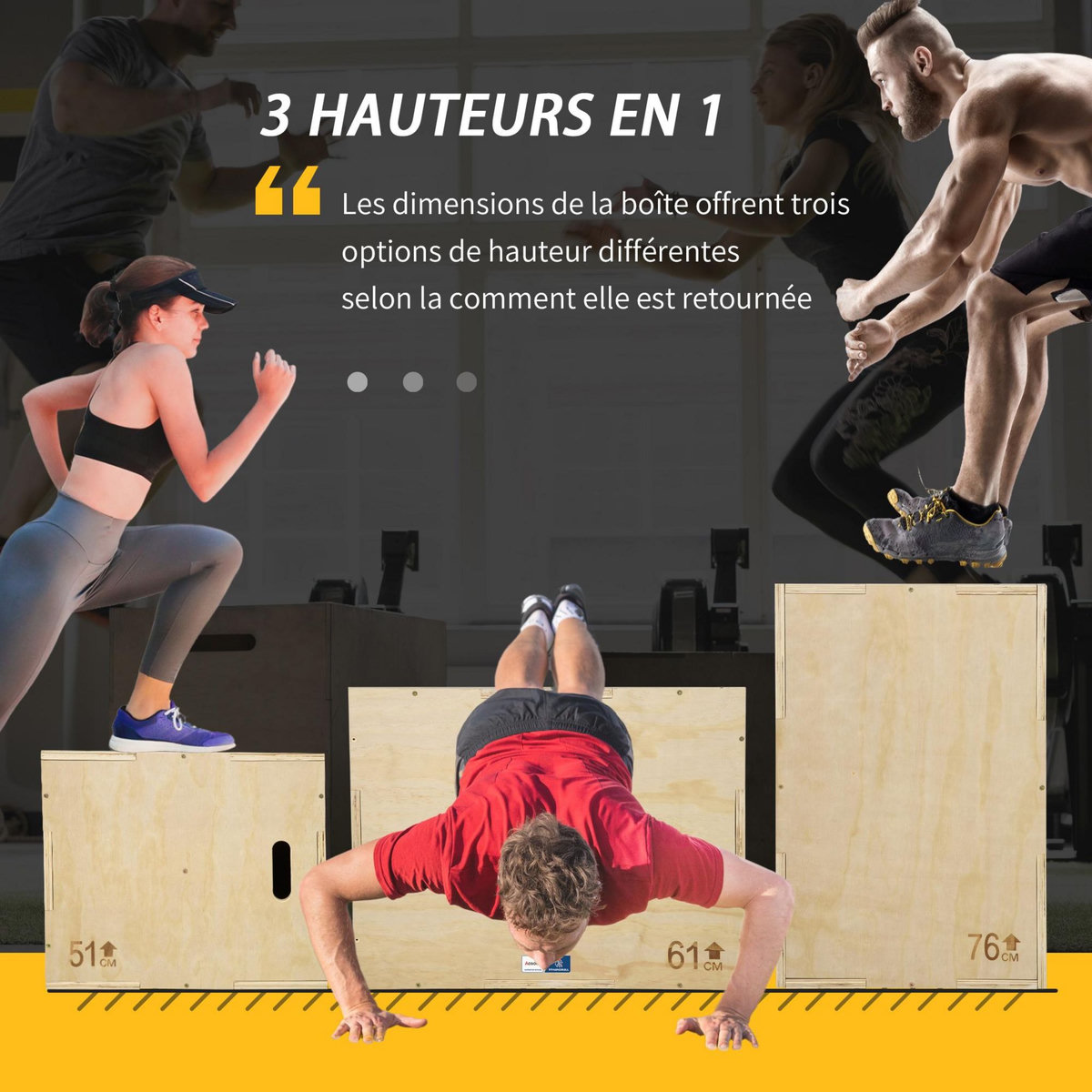 HOMCOM Box jump - box de pliométrie - collaboration Aosom.fr x FFHandball - 51/61/76H cm - max. 120 Kg - bois