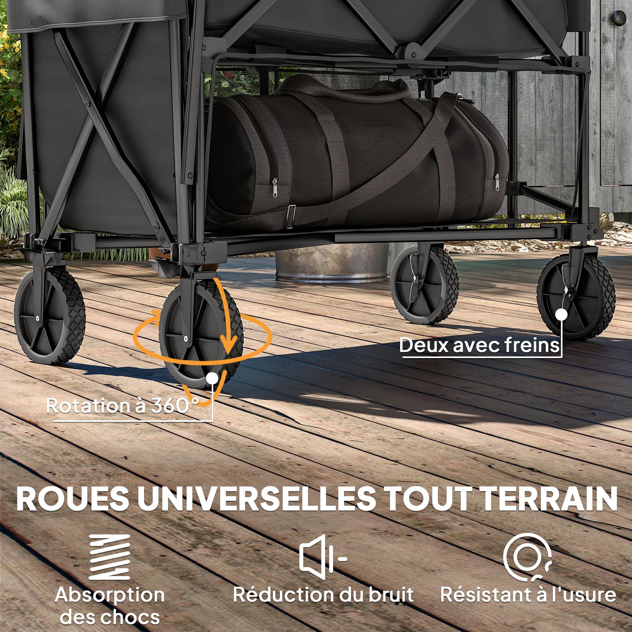 Voir la diapositive 5 : OUTSUNNY Chariot de jardin pliable multi-rangement max. 200 kg - poignée teslescopique - roues tout terrain noir