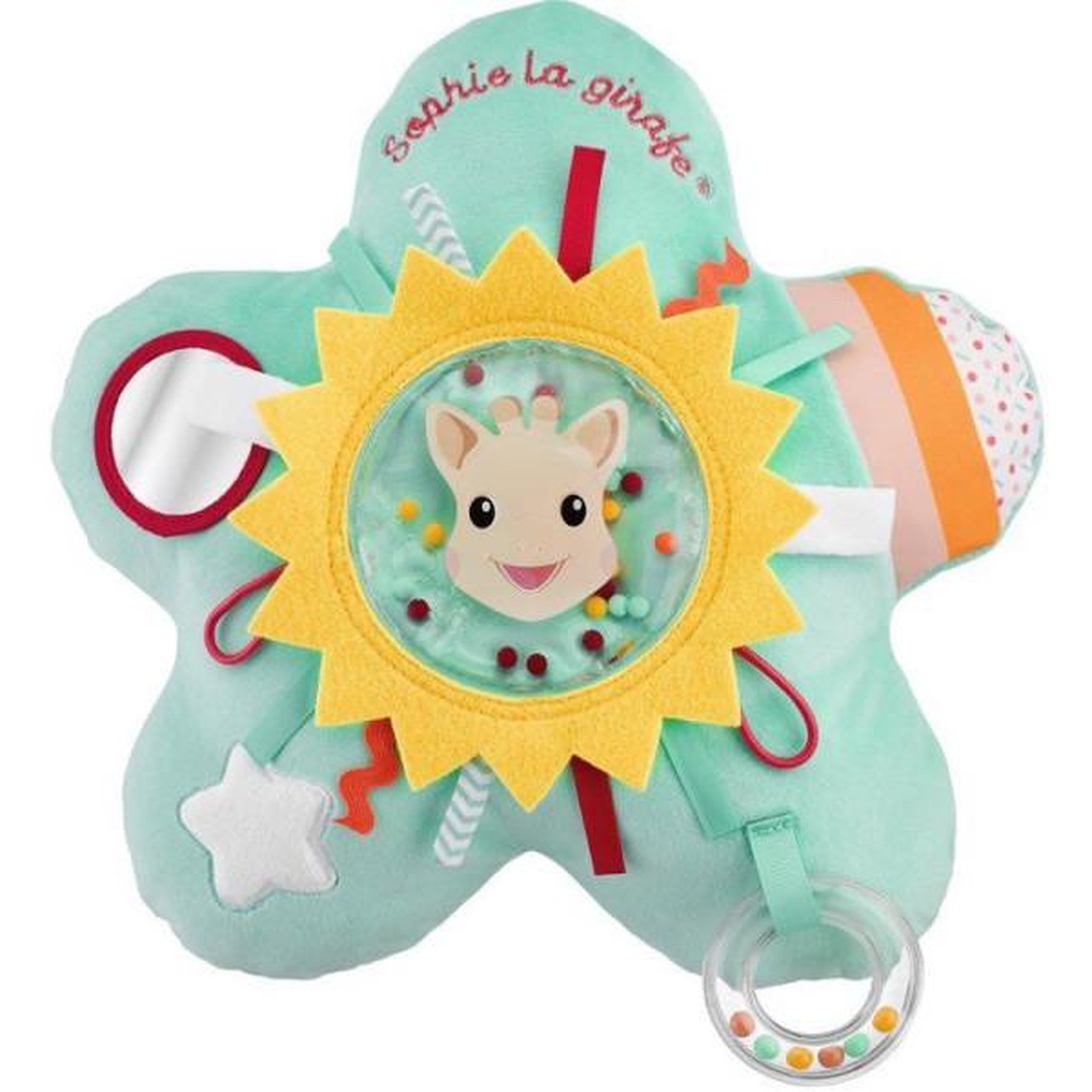 Voir la diapositive 2 : SOPHIE LA GIRAFE Coussin d'éveil - SOPHIE LA GIRAFE - Soleil - Activités sensorielles - Miroir - Textures et billes