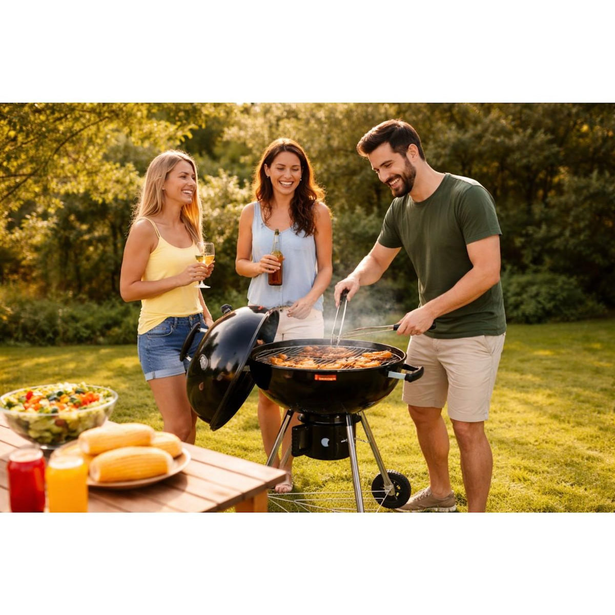 INTEC Barbecue à Charbon de Bois sur Trépied Ø57cm Grille Cuisson & Couvercle Thermostat Bac à cendres Barbecue rond 2 roues INTEC