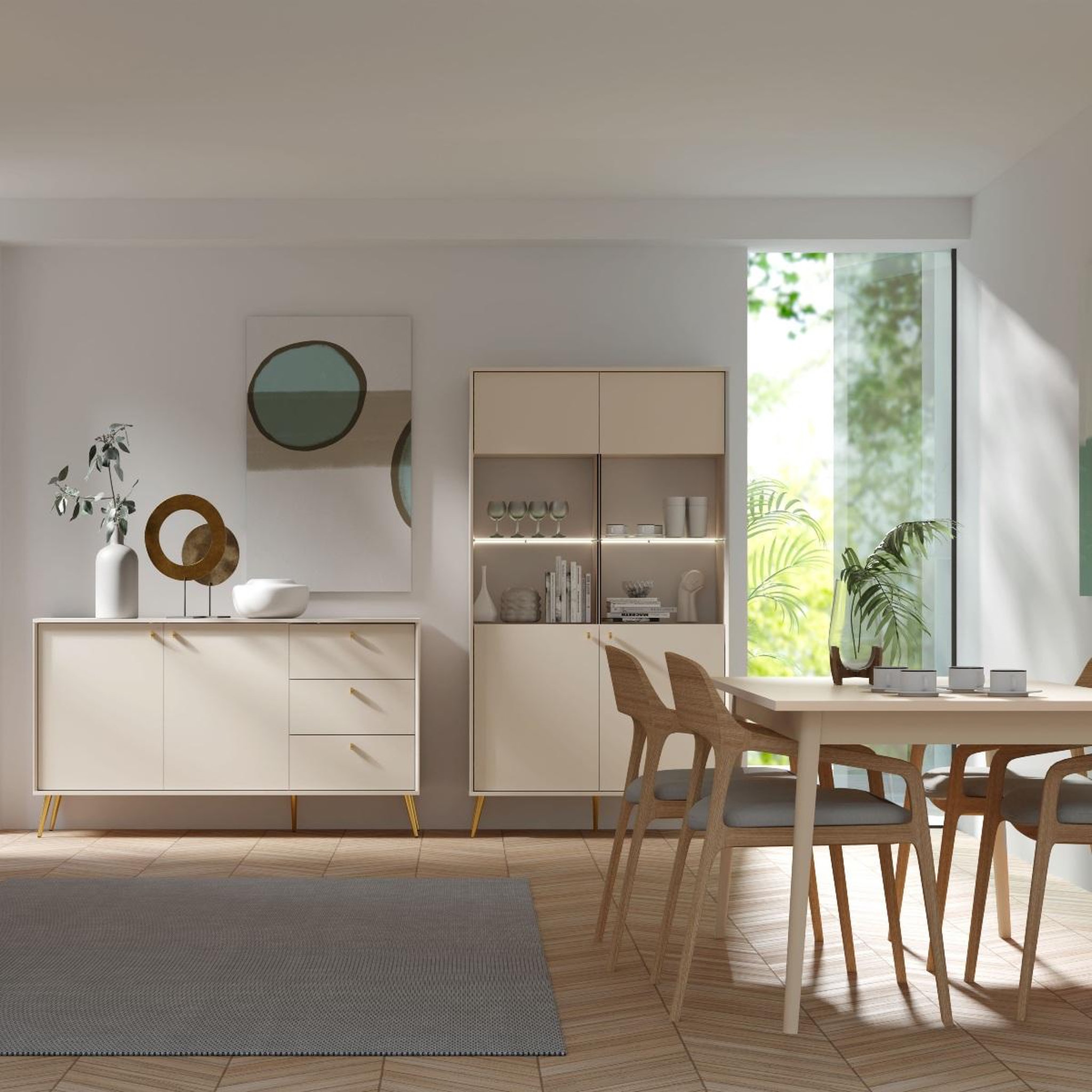 Voir la diapositive 4 : JLC KREATION Argentier vitré moderne beige cachemire et pied or ezia