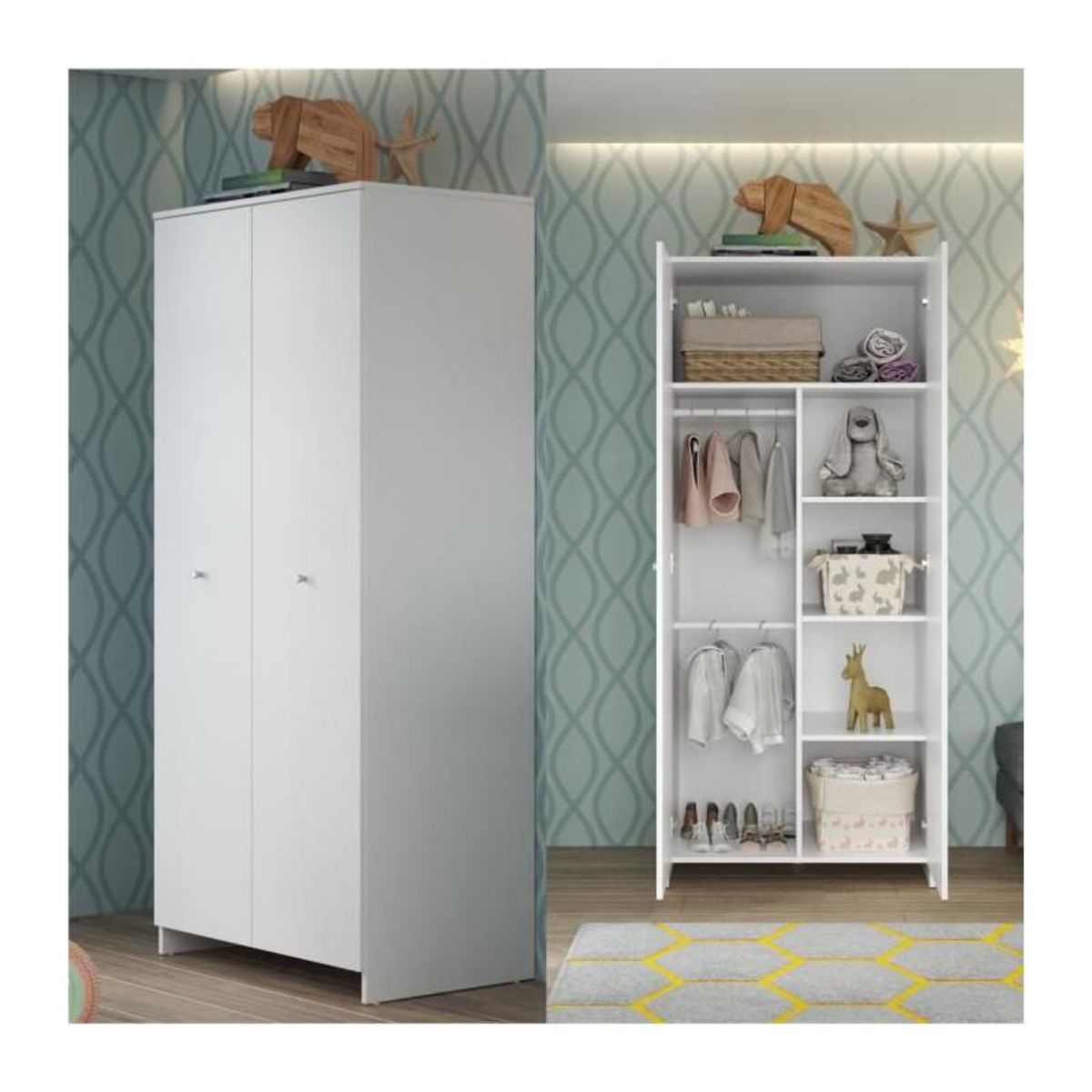 TREND TEAM NIKO Chambre bebe complete : lit 70x140cm + commode a langer + armoire - blanc