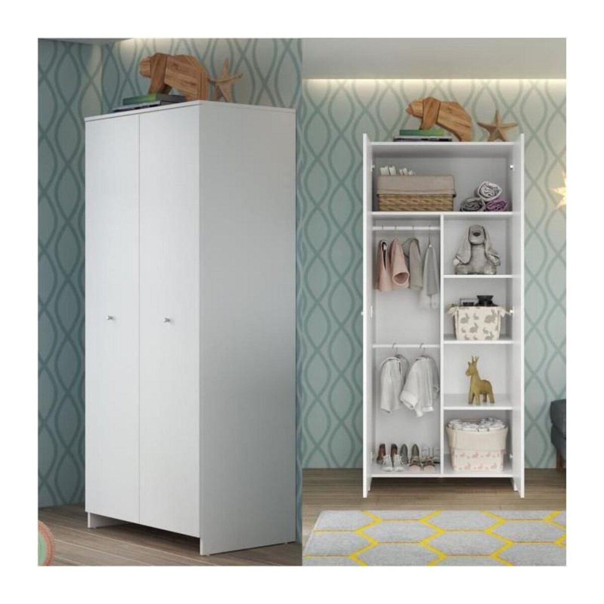 TREND TEAM NIKO Chambre bebe complete : lit 70x140cm + commode a langer + armoire - blanc