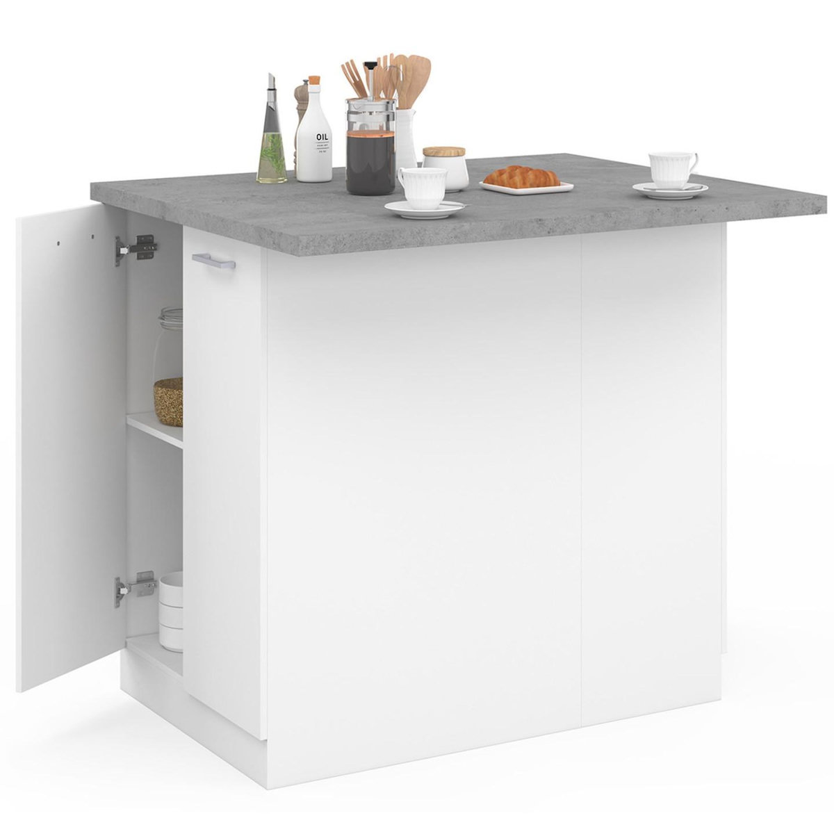 ID MARKET Ilot central IVO 100 cm blanc avec plan de travail effet béton