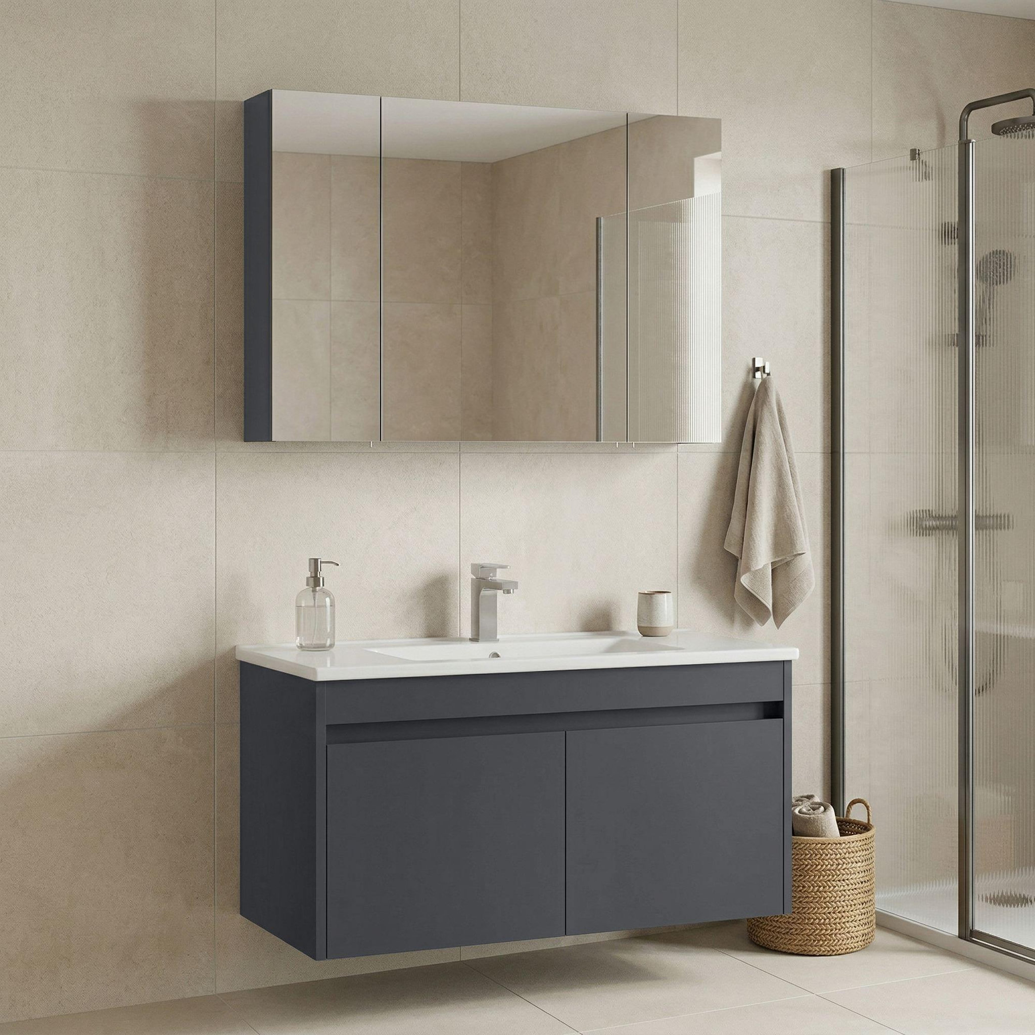 Voir la diapositive 2 : Habitat et Jardin Meuble avec simple vasque et miroir  Side 100 v3  - 100 x 45 x 52 cm - Matte Anthracite