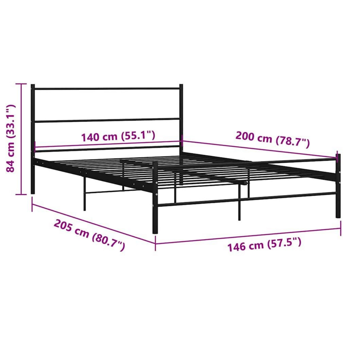 VIDAXL Cadre de lit avec tete de lit sans matelas noir 140x200cm metal