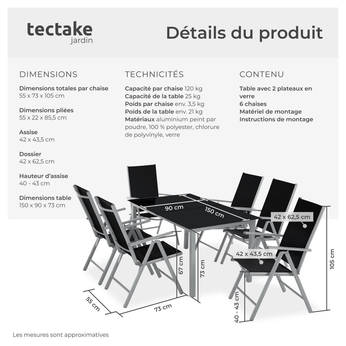 tectake Ensemble salon de jardin avec cadre en aluminium pour 6 personnes argent