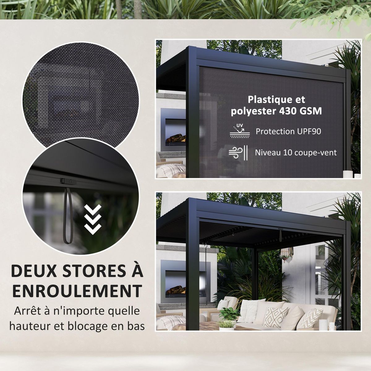 OUTSUNNY Pergola bioclimatique en alu 3 x 3 m - lames orientables 2 parties indépendantes, 2 stores latéraux - anthracite