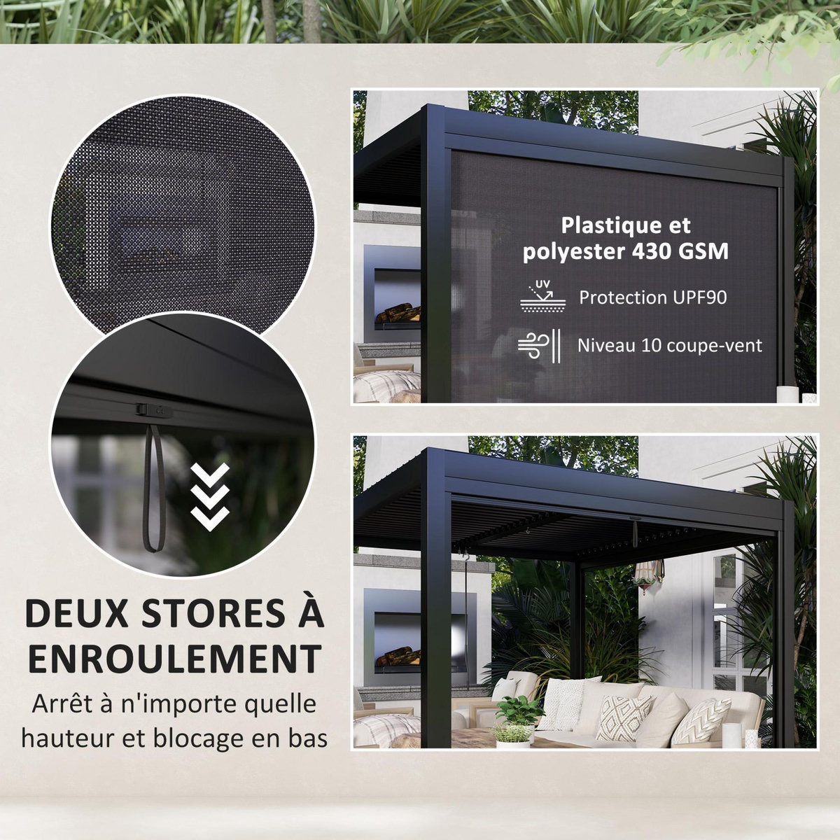 OUTSUNNY Pergola bioclimatique en alu 3 x 3 m - lames orientables 2 parties indépendantes, 2 stores latéraux - anthracite