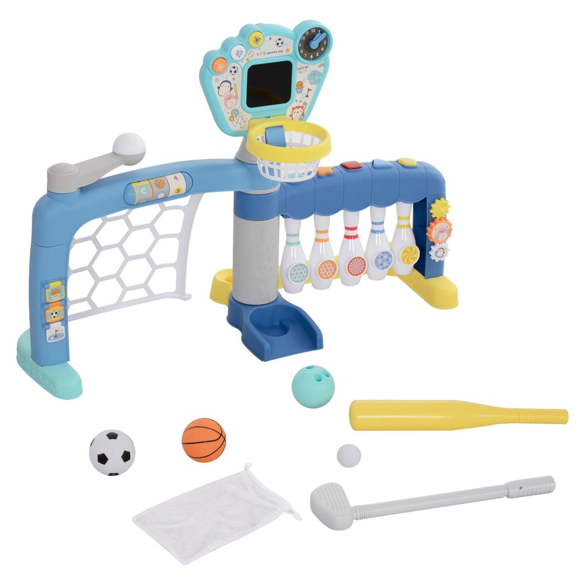 HOMCOM Jeux sportifs 5 en 1 enfant 18-48 mois - foot, basket, golf, baseball, bowling - effets lumineux sonores bleu
