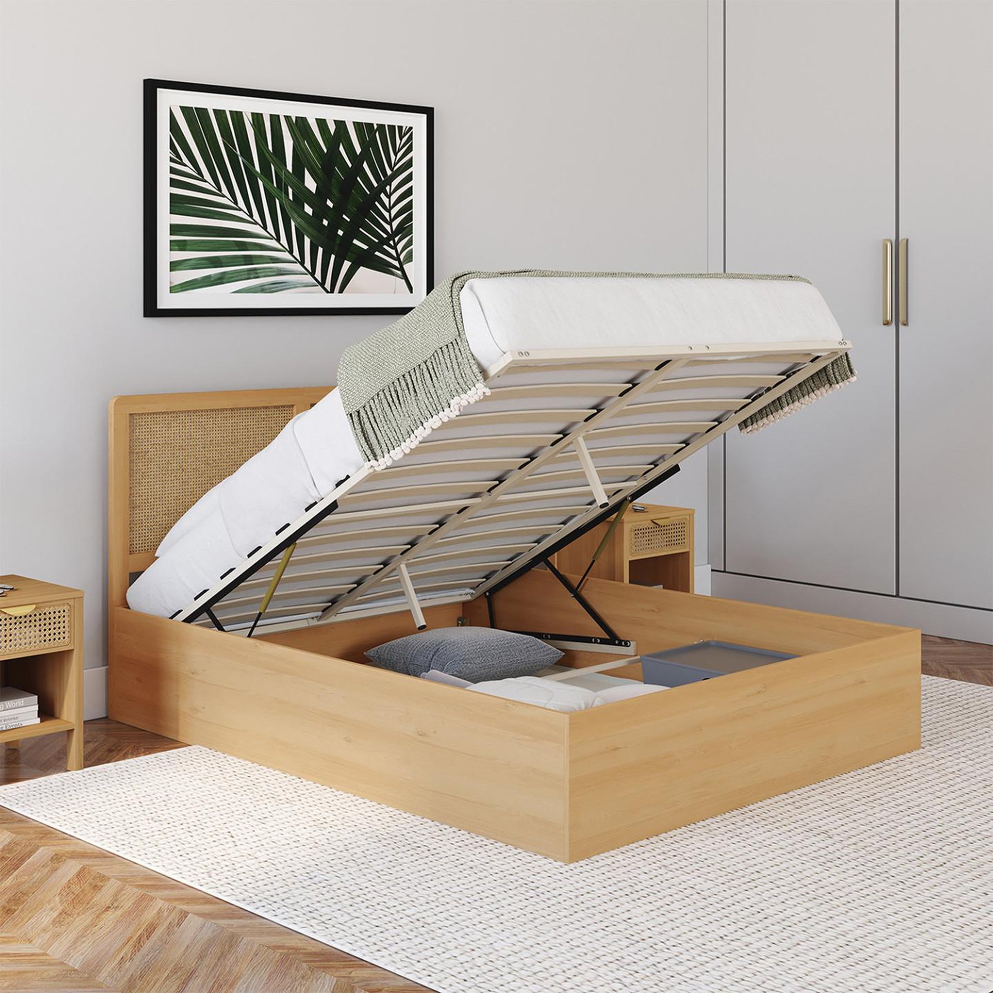 Voir la diapositive 4 : ID MARKET Lit coffre double edhen avec tête de lit cannage et sommier 140 x 190 cm coloris bois