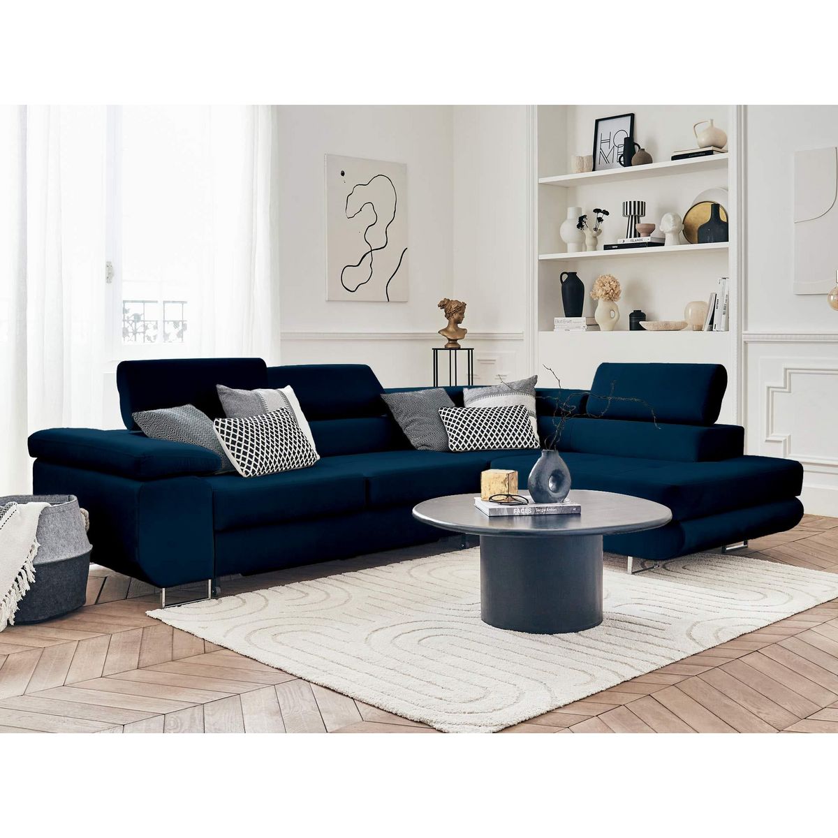 BEST MOBILIER Pablo - canapé d'angle droit - 5 places - convertible avec coffre et têtières réglables - en velours