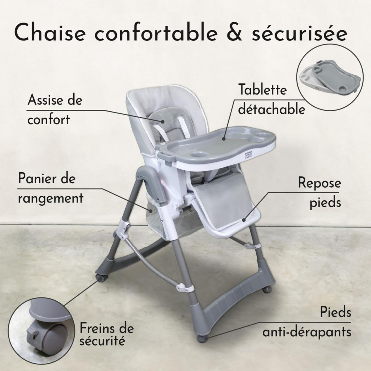 Monsieur Bébé Chaise haute bébé pliable réglable hauteur dossier tablette - Ptit