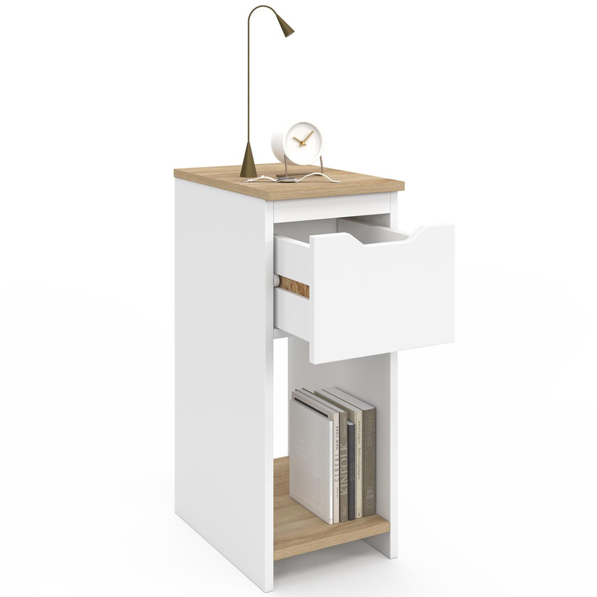 Voir la diapositive 6 : ID MARKET Lot de 2 tables de chevet étroites anouk 1 tiroir avec niche blanc et bois