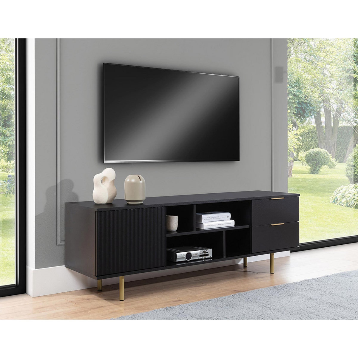 BEST MOBILIER Monica - meuble tv - noir - 4 niches et 2 portes - 150 cm