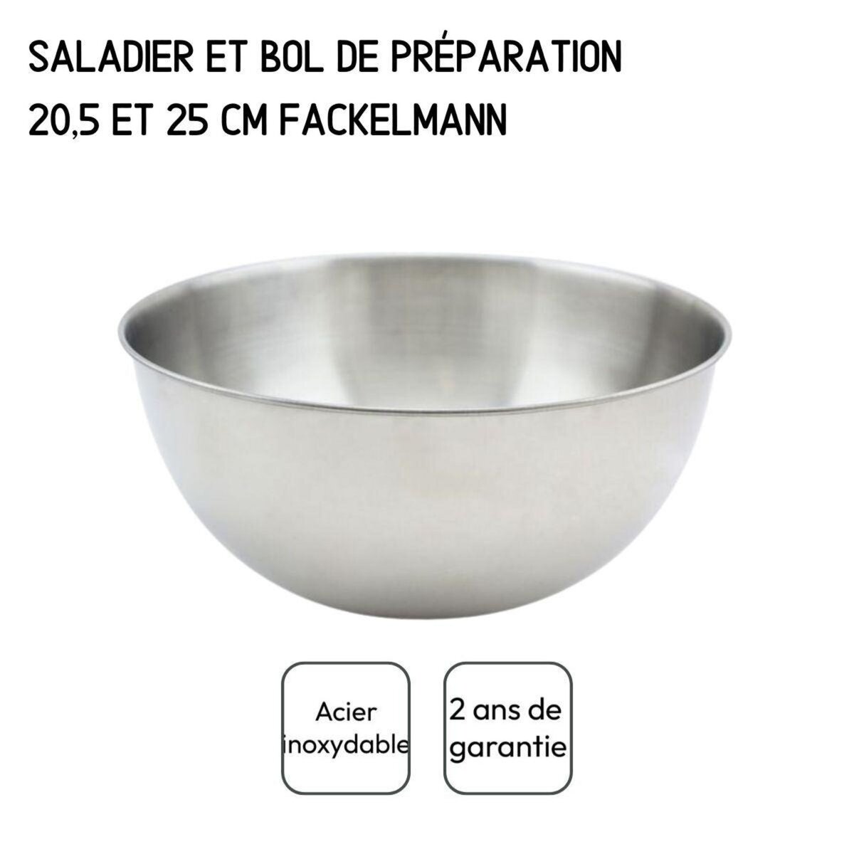 Fackelmann Set de 2 Saladiers en inox de 20,5 cm et 25 cm de diamètre et couverts à salade en plastique Fackelmann