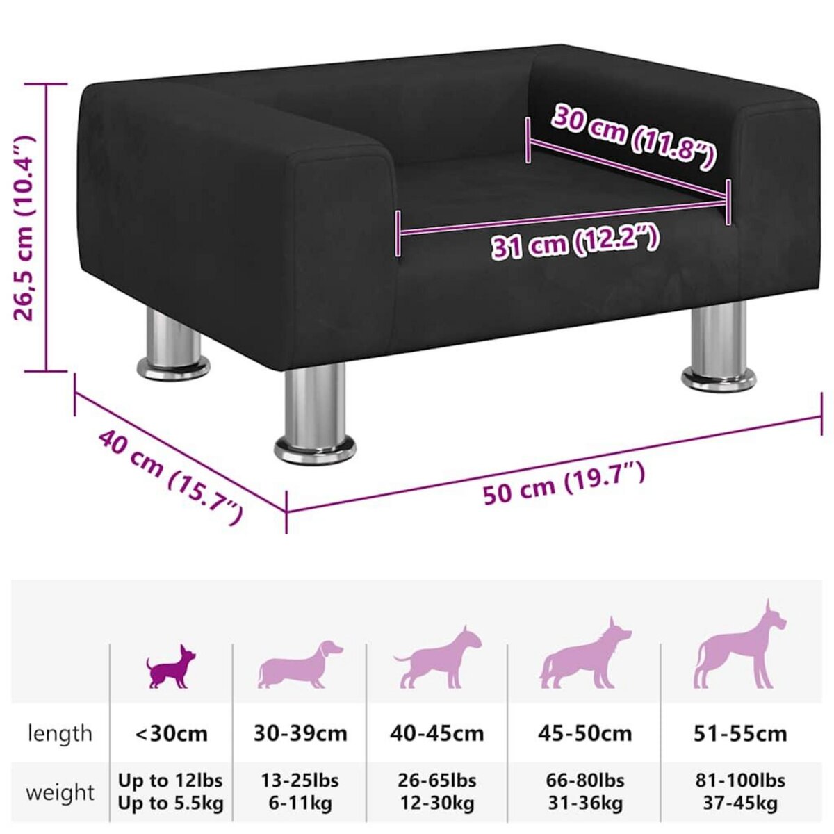 VIDAXL Lit pour chien noir 50x40x26,5 cm velours