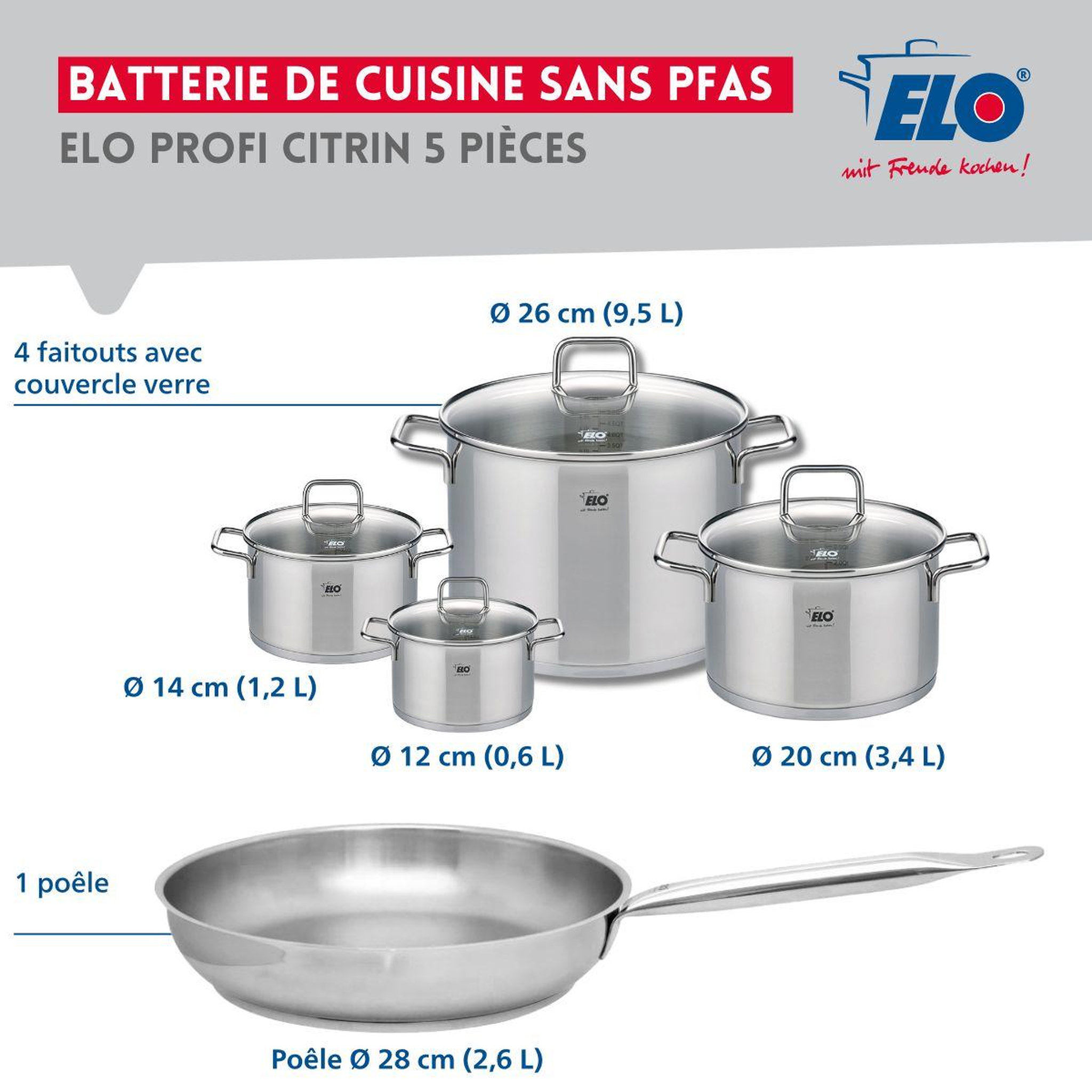 Voir la diapositive 2 : ELO Ensemble de 1 poêle de cuisson 28 cm et 4 faitouts 12, 14, 20 et 26 cm elo profi citrin