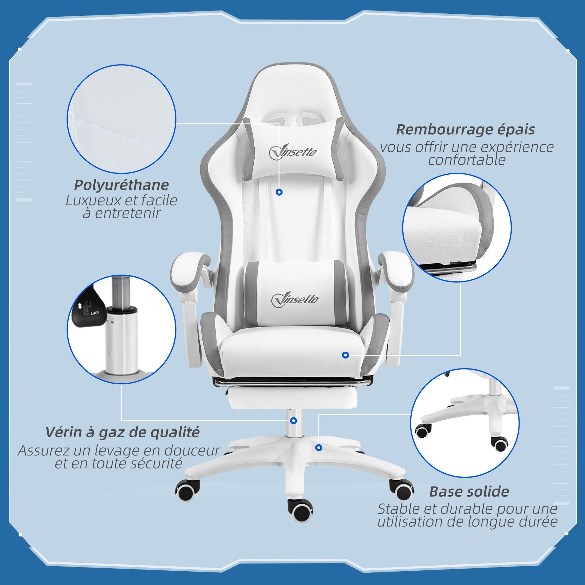 Voir la diapositive 5 : VINSETTO Chaise de bureau gaming - inclinable, pivotant, réglable - coussins lombaires têtière inclus - gris blanc