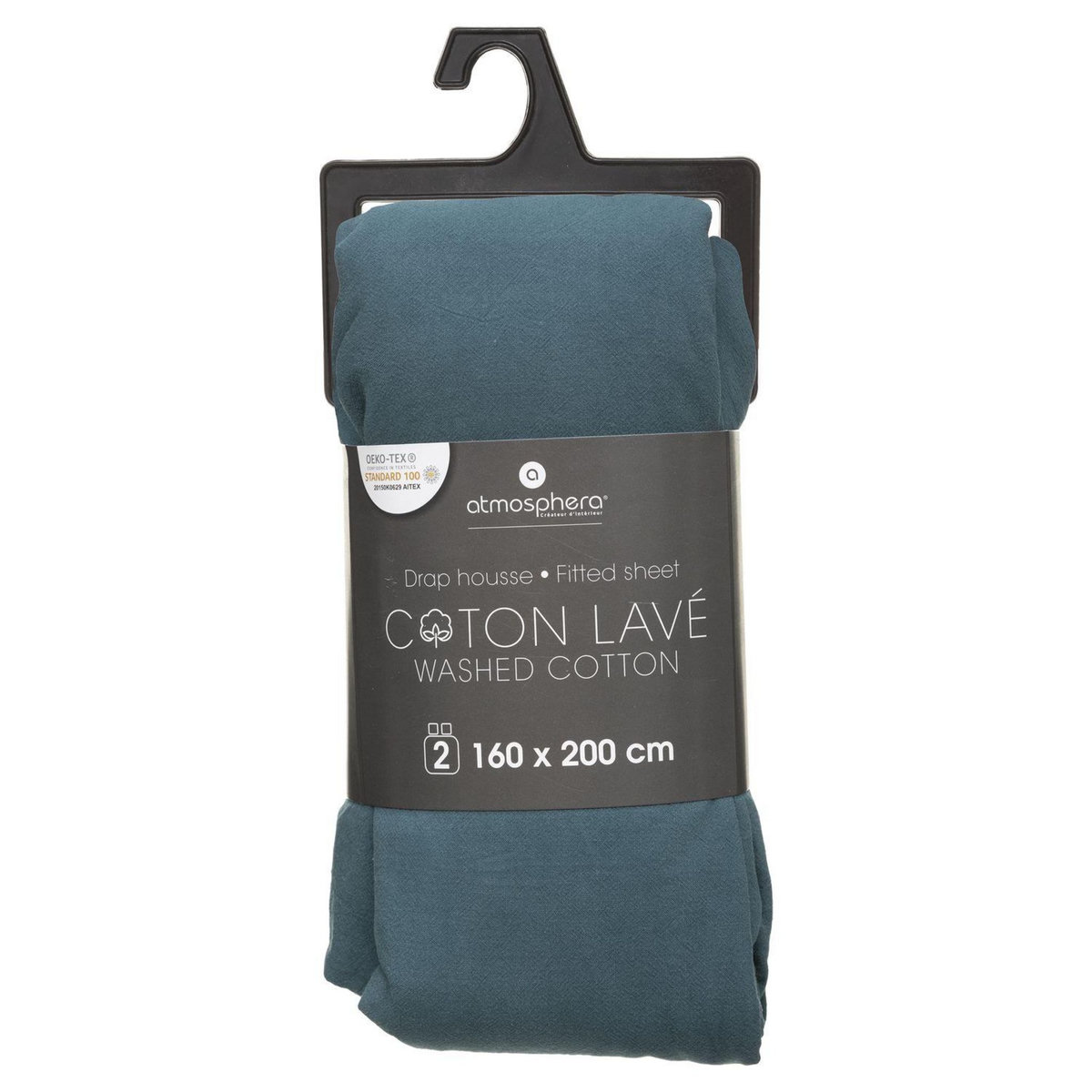 ATMOSPHERA Drap Housse bonnet 27 cm 100% Coton lavé 160x200 cm - Bleu Canard